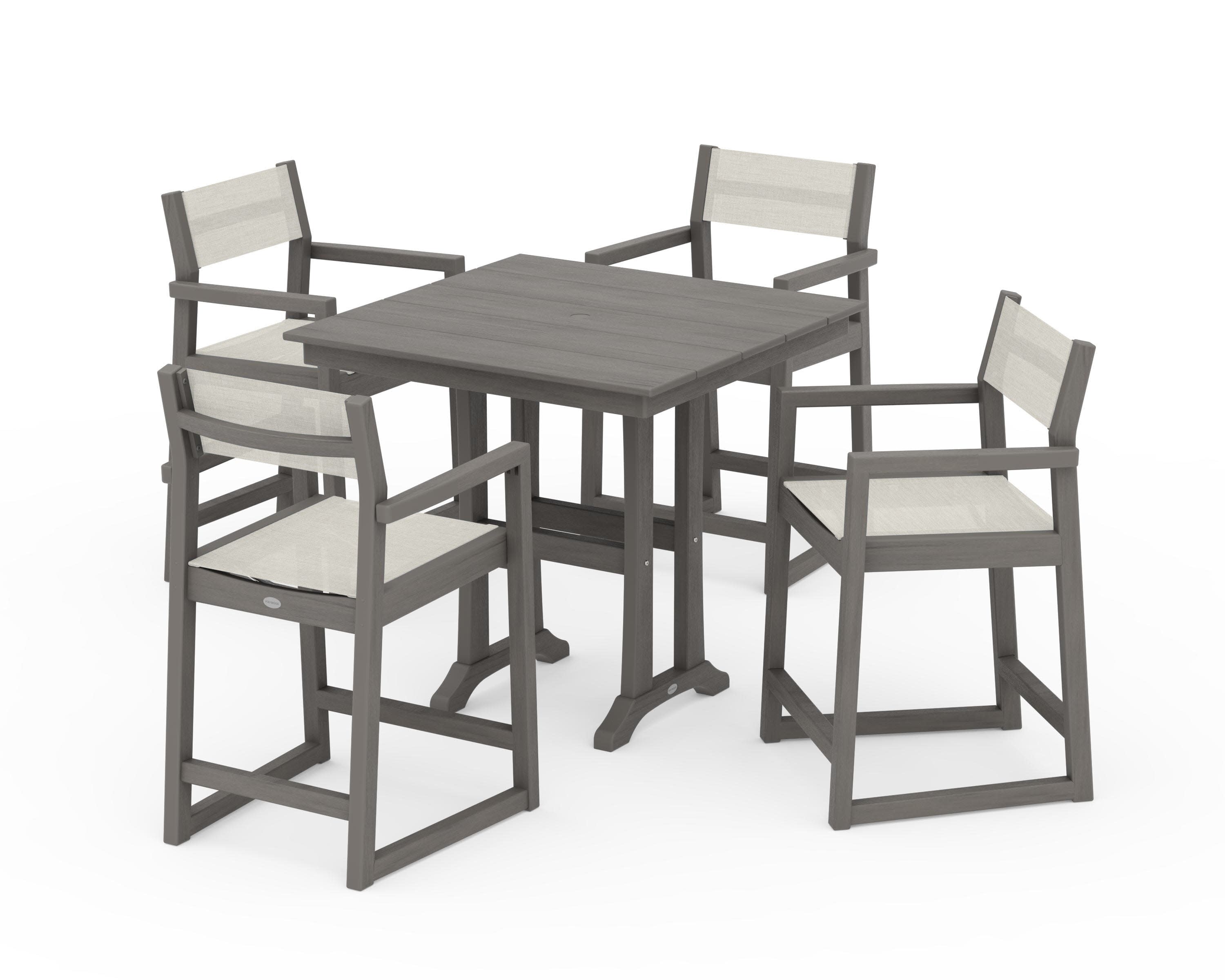 EDGE Sling Arm Chair 5-Piece Farmhouse Counter Set with Trestle Legs in Driftwood / Parchment Sling