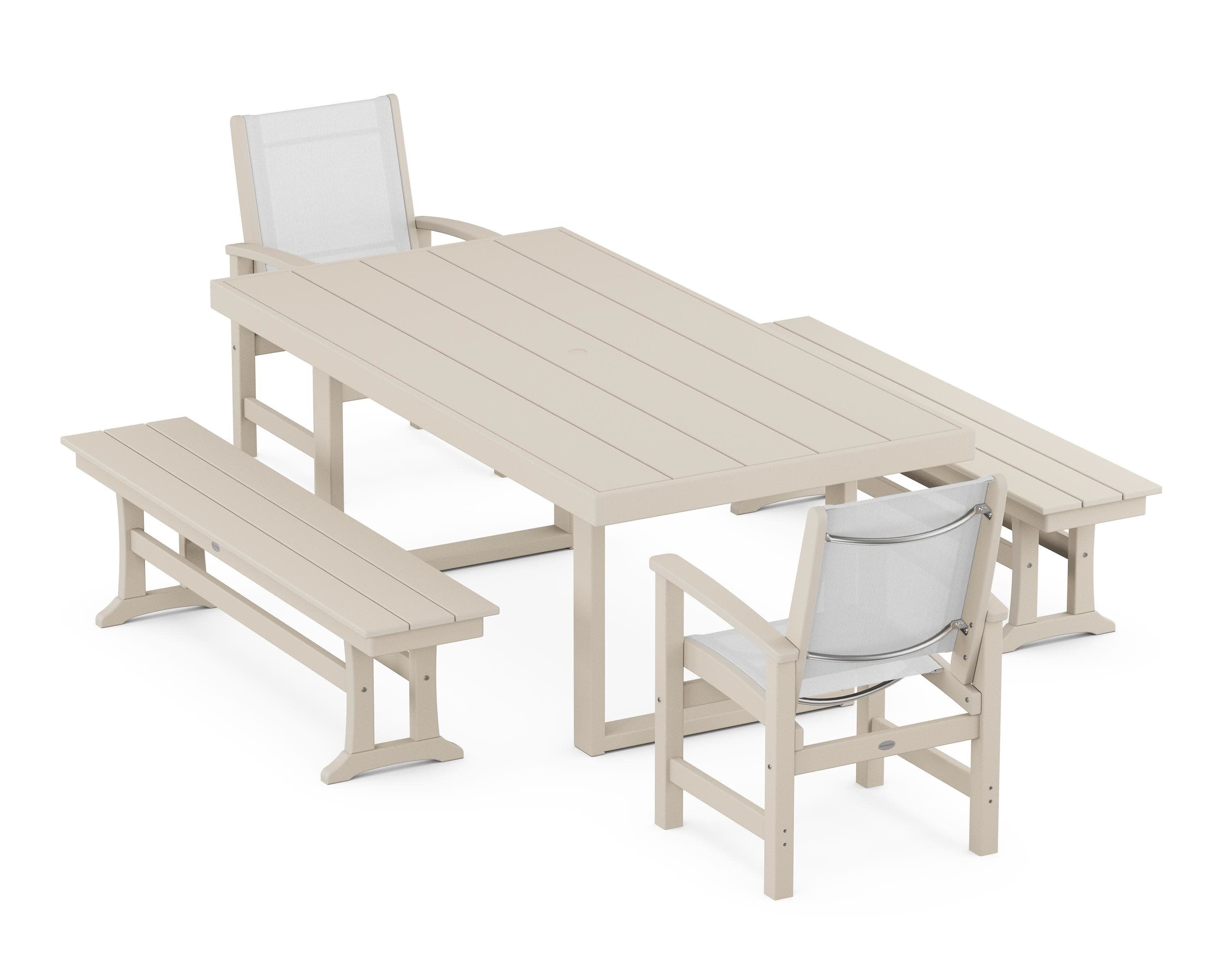 Coastal 5-Piece Dining Set with Trestle Legs in Sand / White Sling