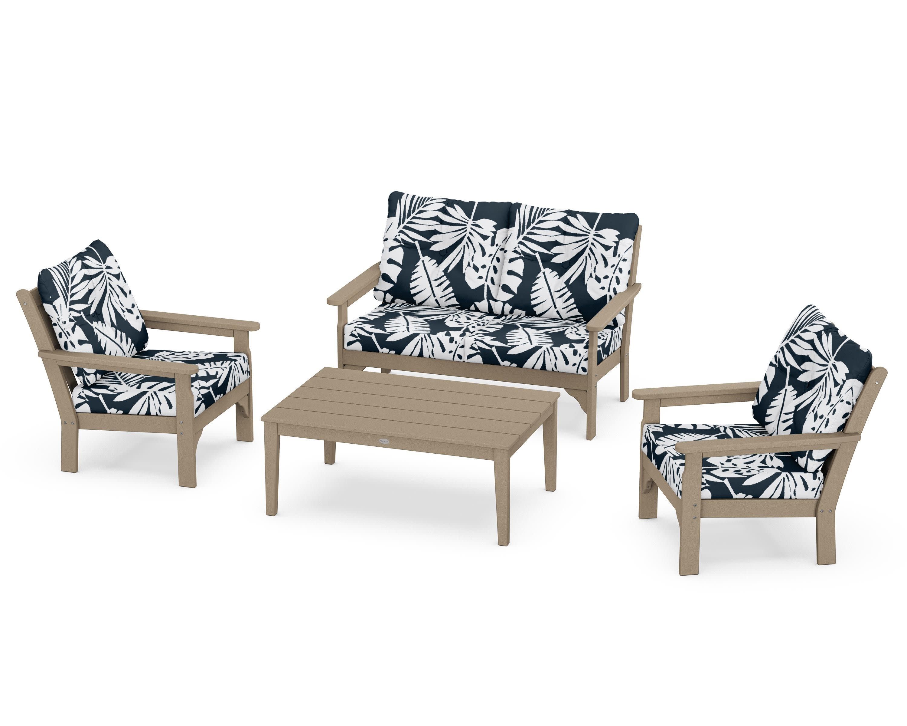 Vineyard 4-Piece Deep Seating Set in Vintage Sahara / Leaf Marine Indigo