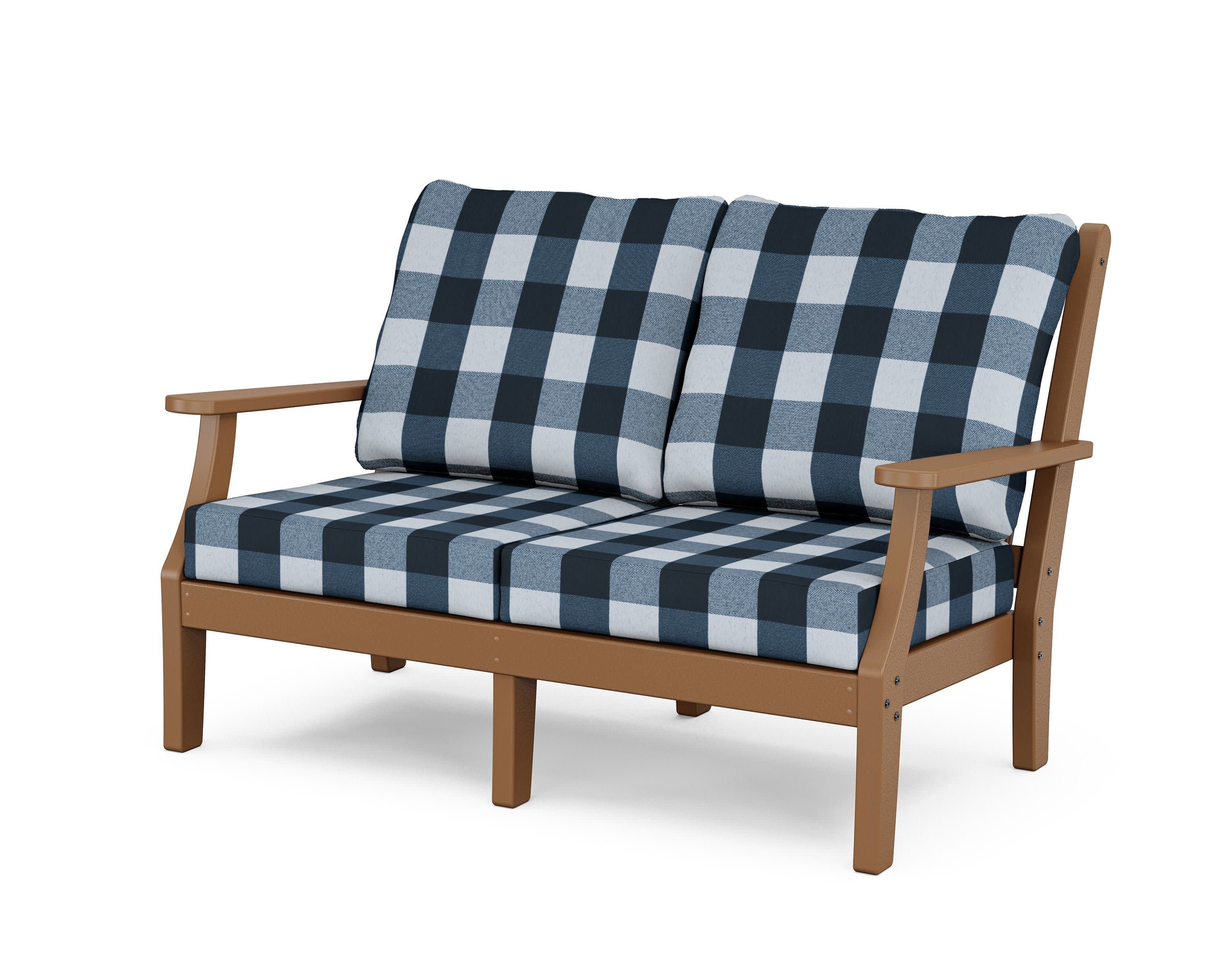 Wovendale Deep Seating Loveseat in Teak / Buffalo Plaid Marine Indigo