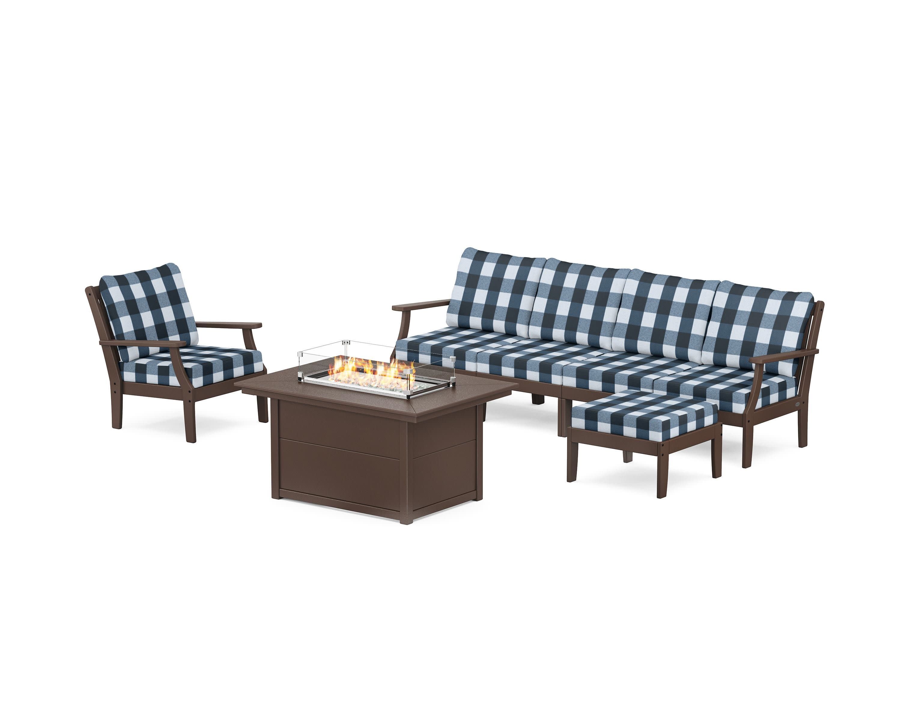 Braxton Sectional Lounge and Fire Pit Set in Mahogany / Buffalo Plaid Marine Indigo