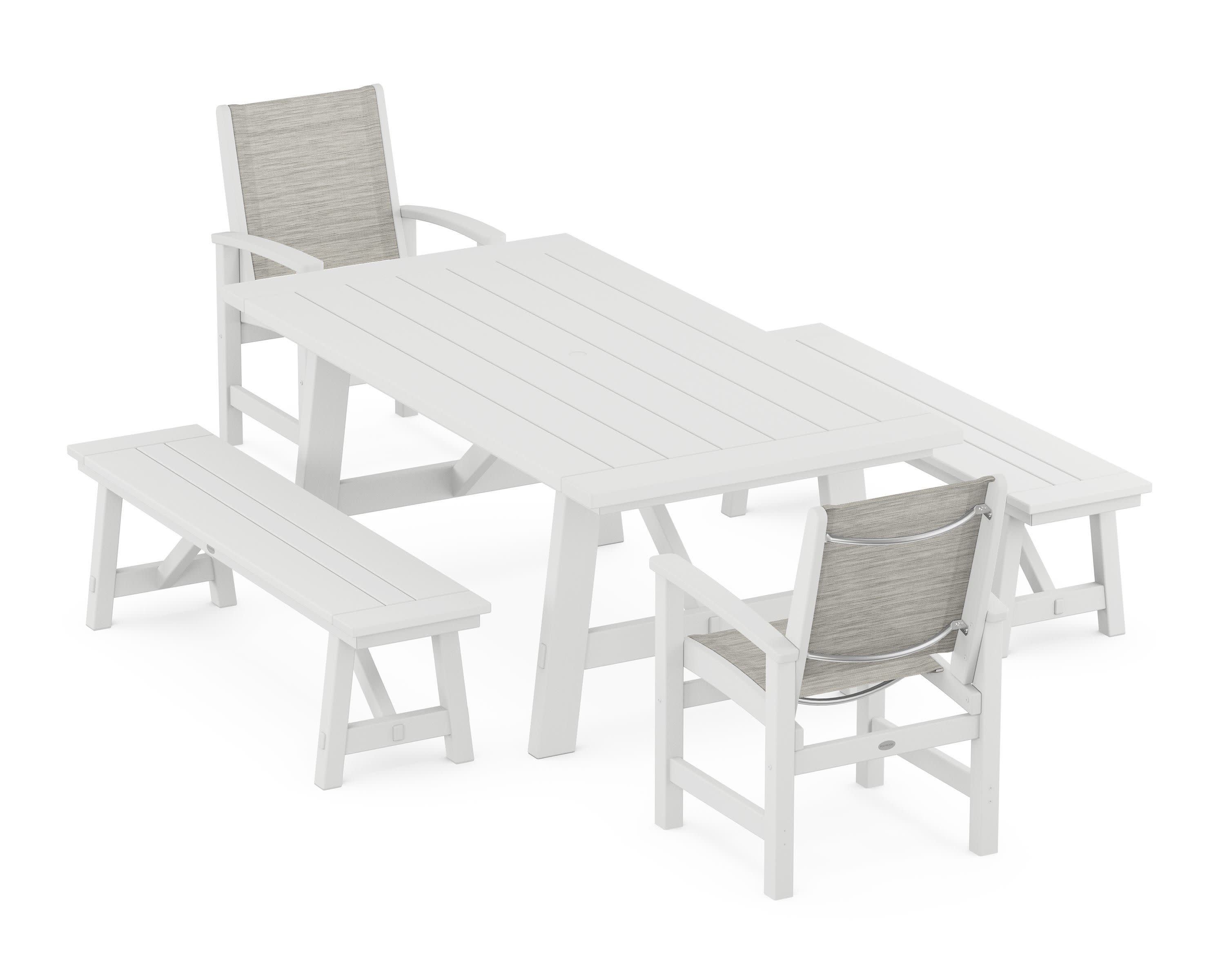 Coastal 5-Piece Rustic Farmhouse Dining Set With Benches in White / Birch Sling