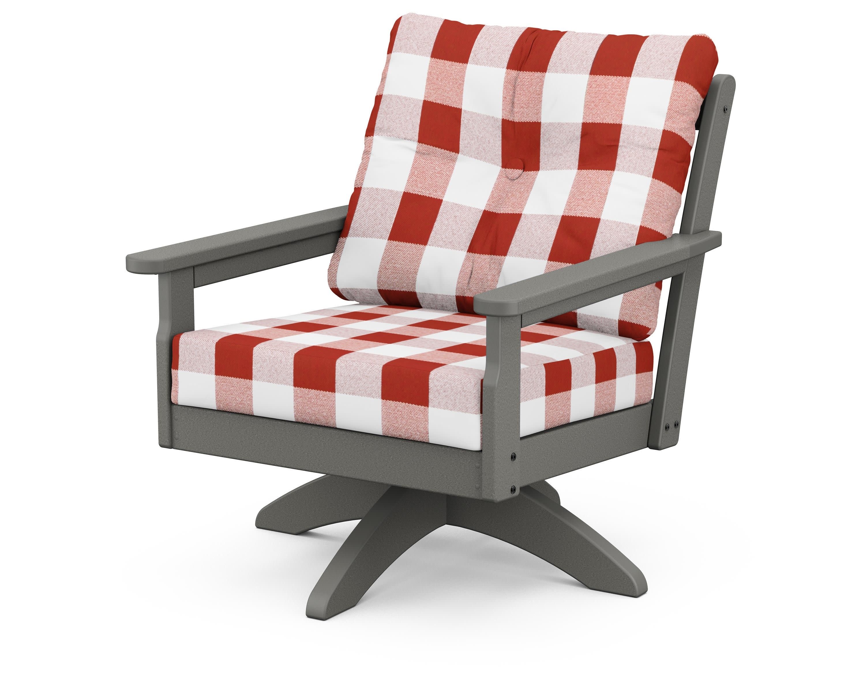 Vineyard Deep Seating Swivel Chair in Slate Grey / Buffalo Plaid Crimson