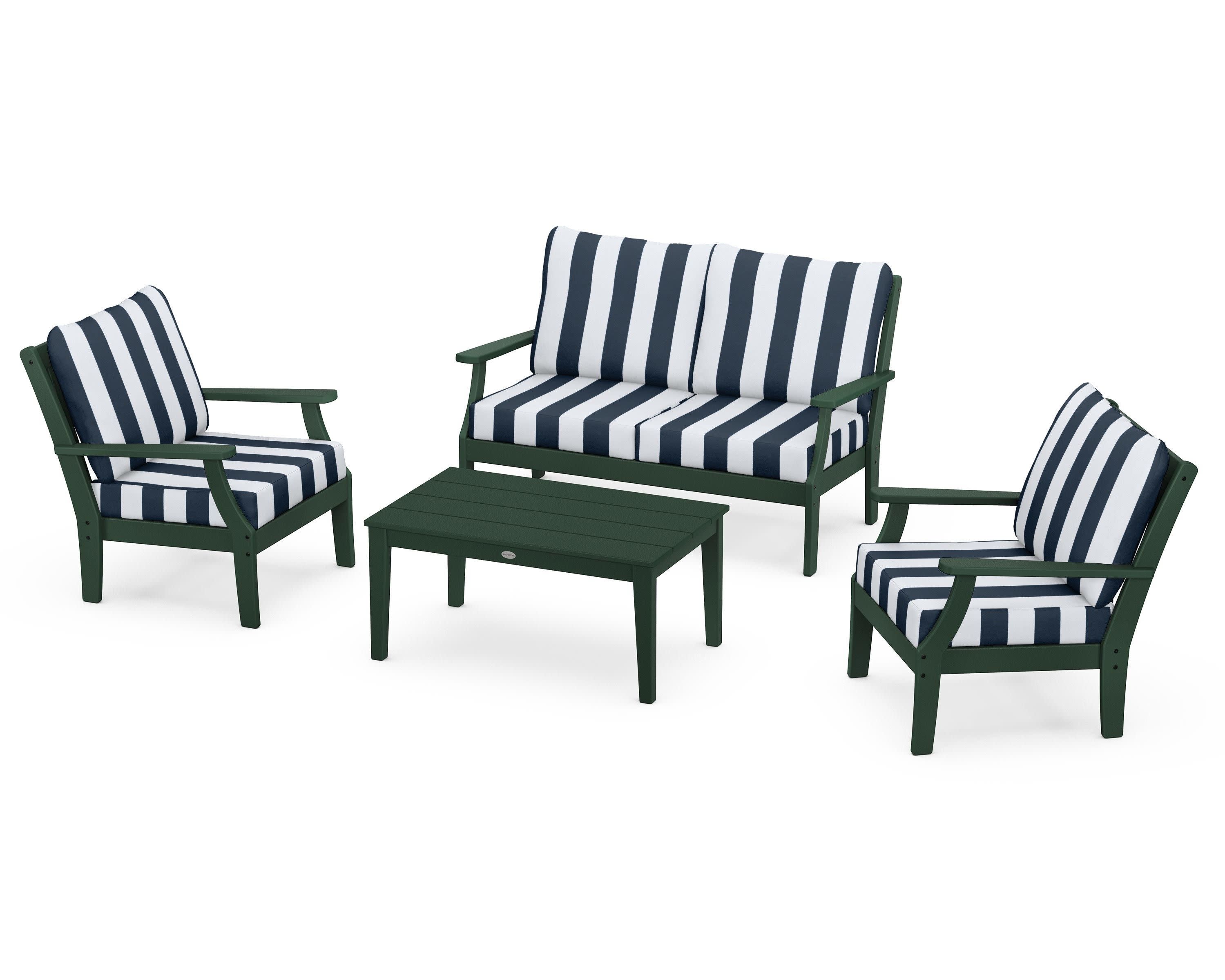 Braxton 4-Piece Deep Seating Chair Set in Green / Cabana Stripe Marine Indigo
