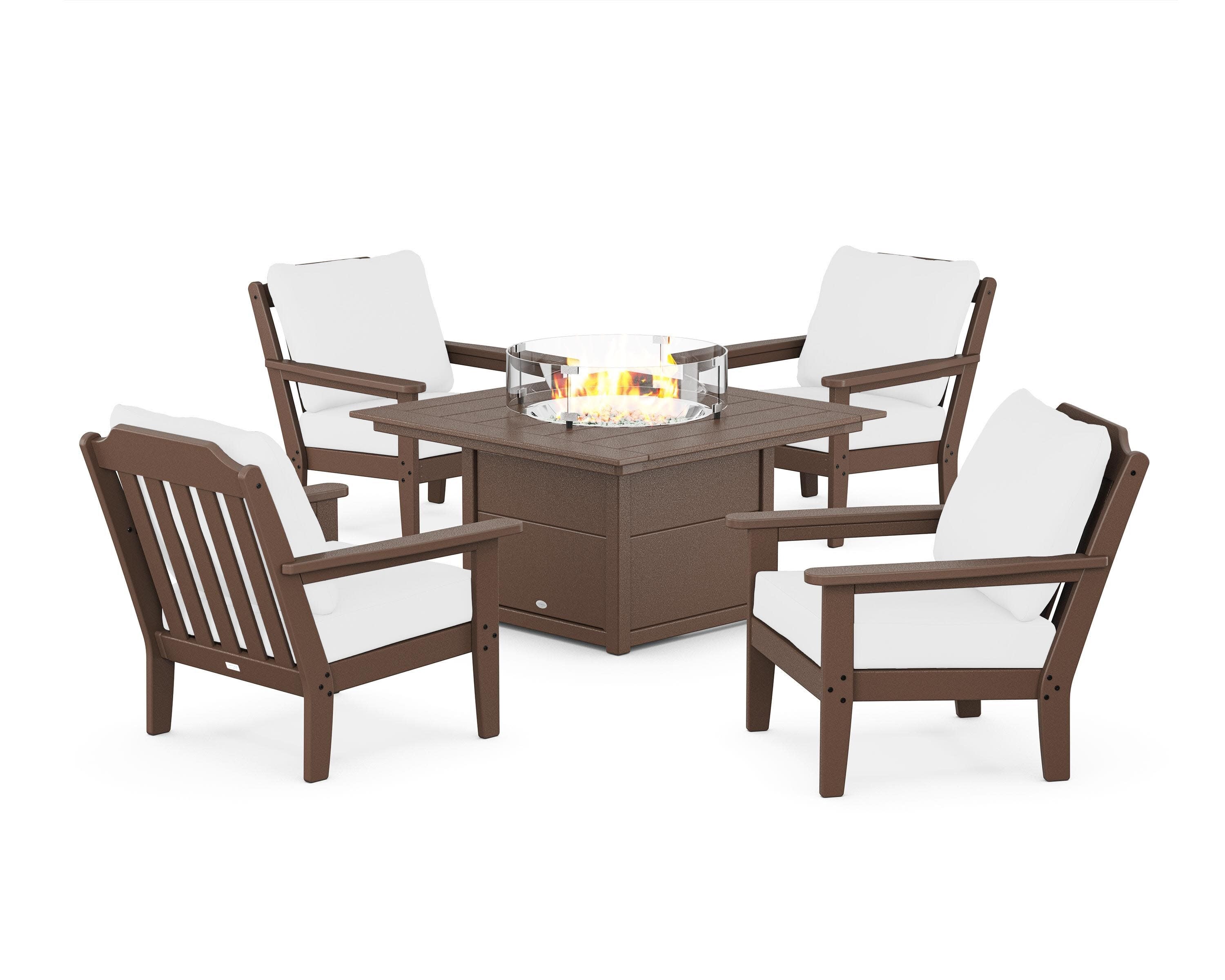 Cottage 5-Piece Deep Seating Set with Fire Pit Table in Mahogany / Natural