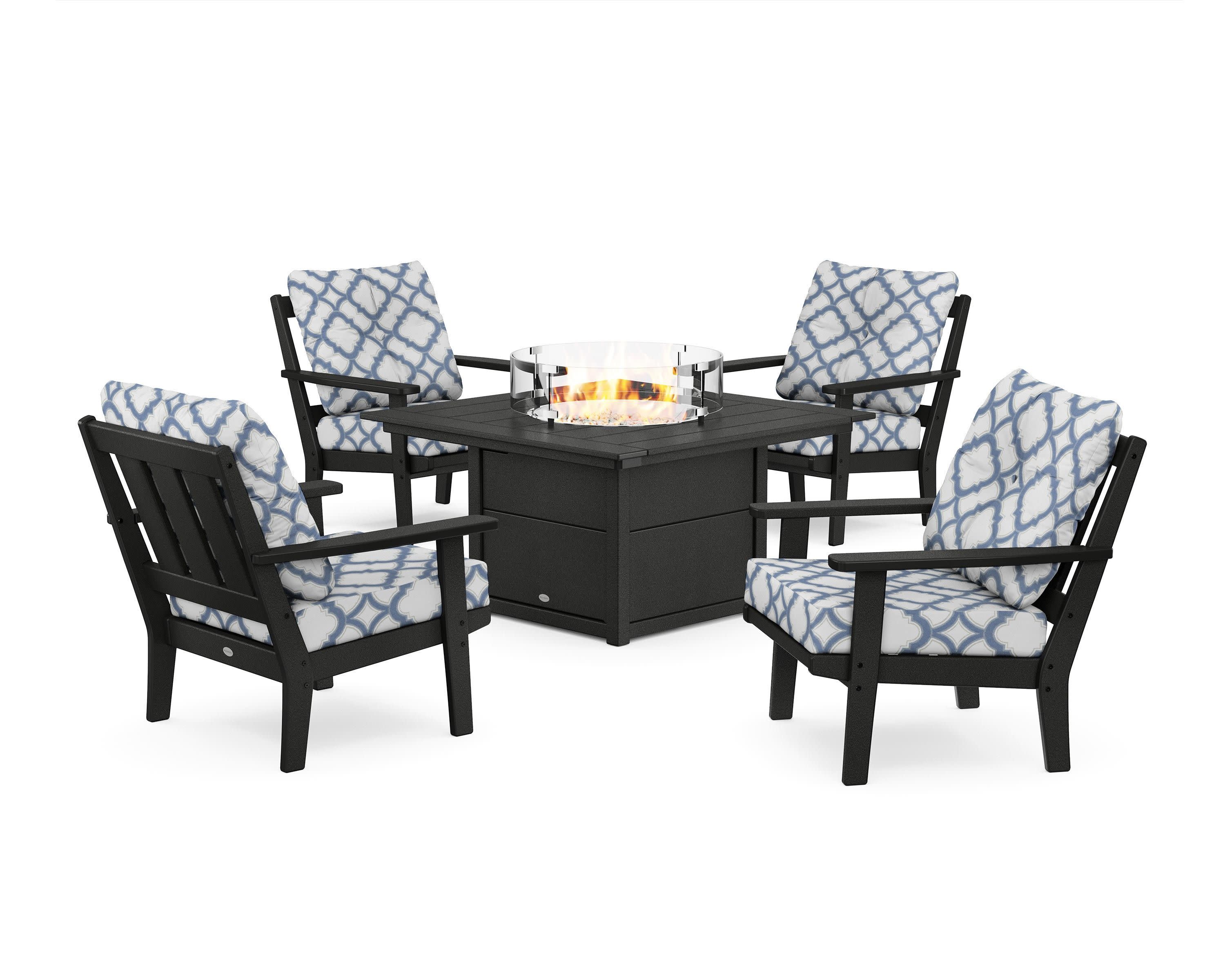 Oxford 5-Piece Deep Seating Set with Fire Pit Table in Black / Trellis Sky Blue