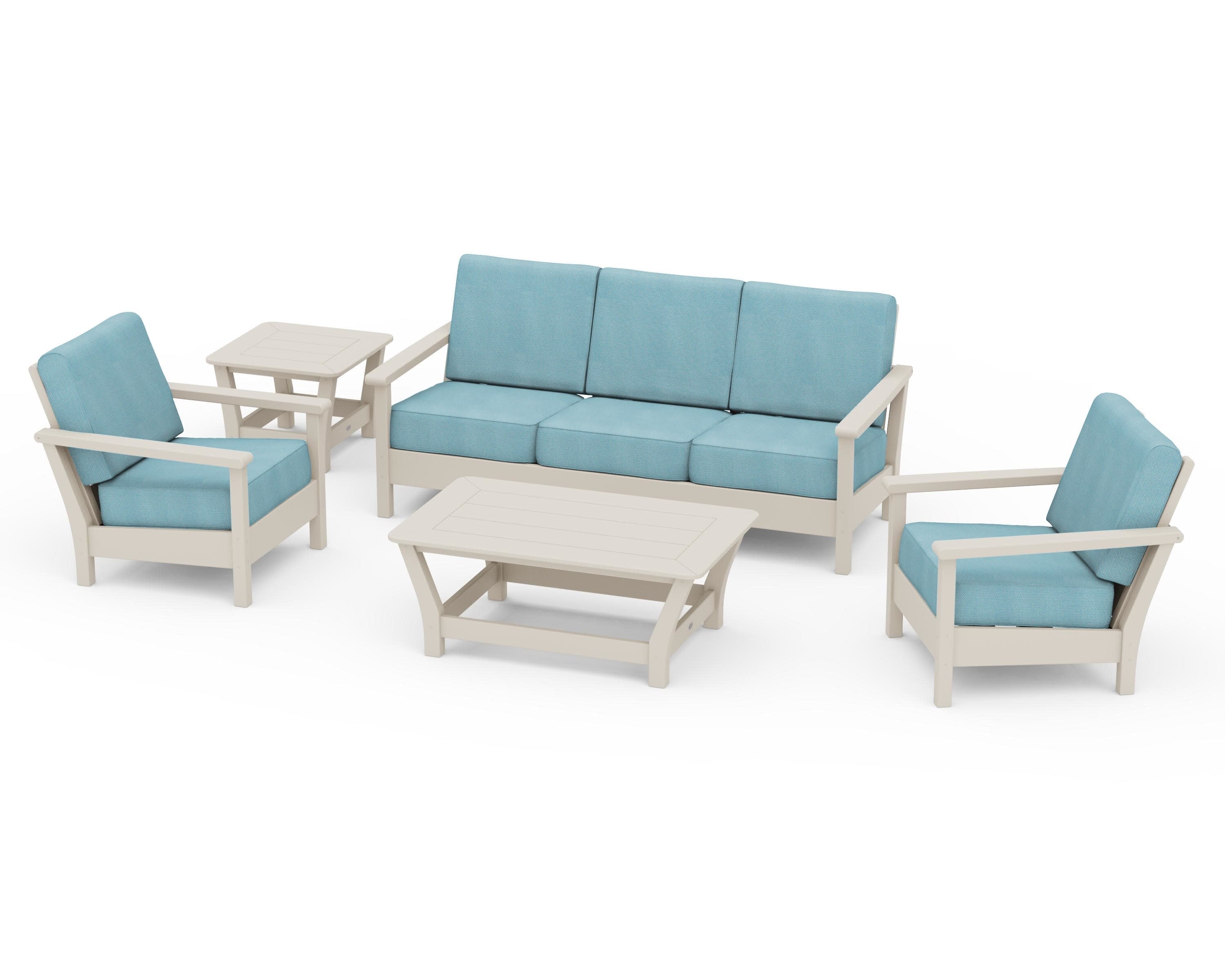 Harbour 5-Piece Deep Seating Set in Sand / Lattice Sky Blue