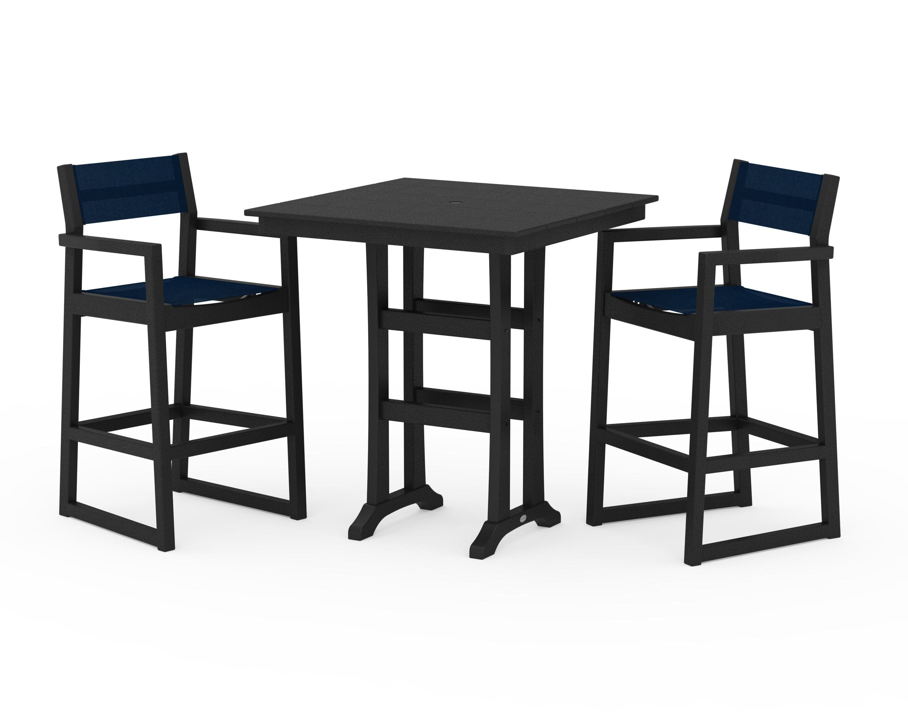 EDGE Sling Arm Chair 3-Piece Farmhouse Bar Set with Trestle Legs in Black / Navy Blue Sling