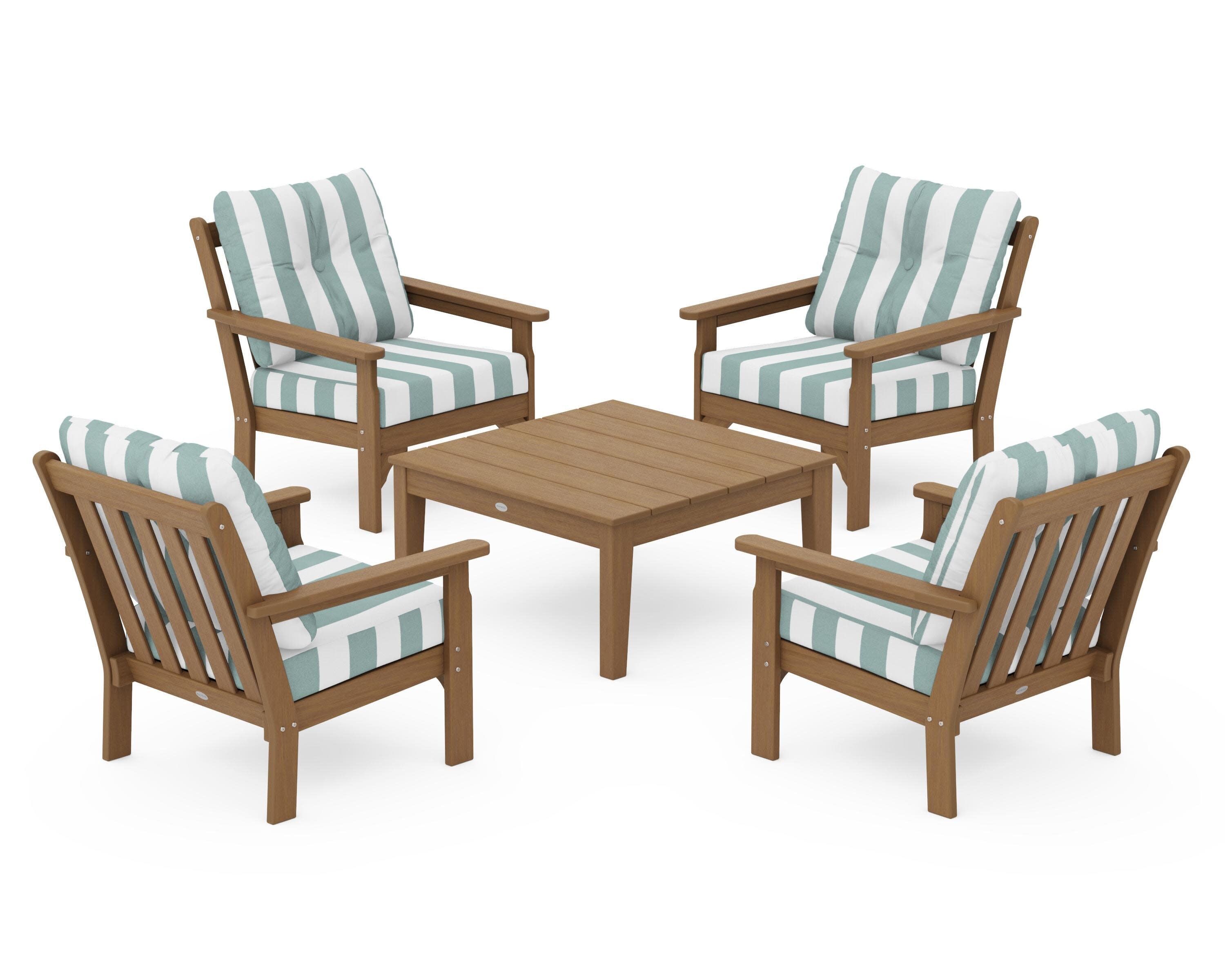 Vineyard 5-Piece Deep Seating Conversation Set in Natural / Cabana Stripe Glacier Spa