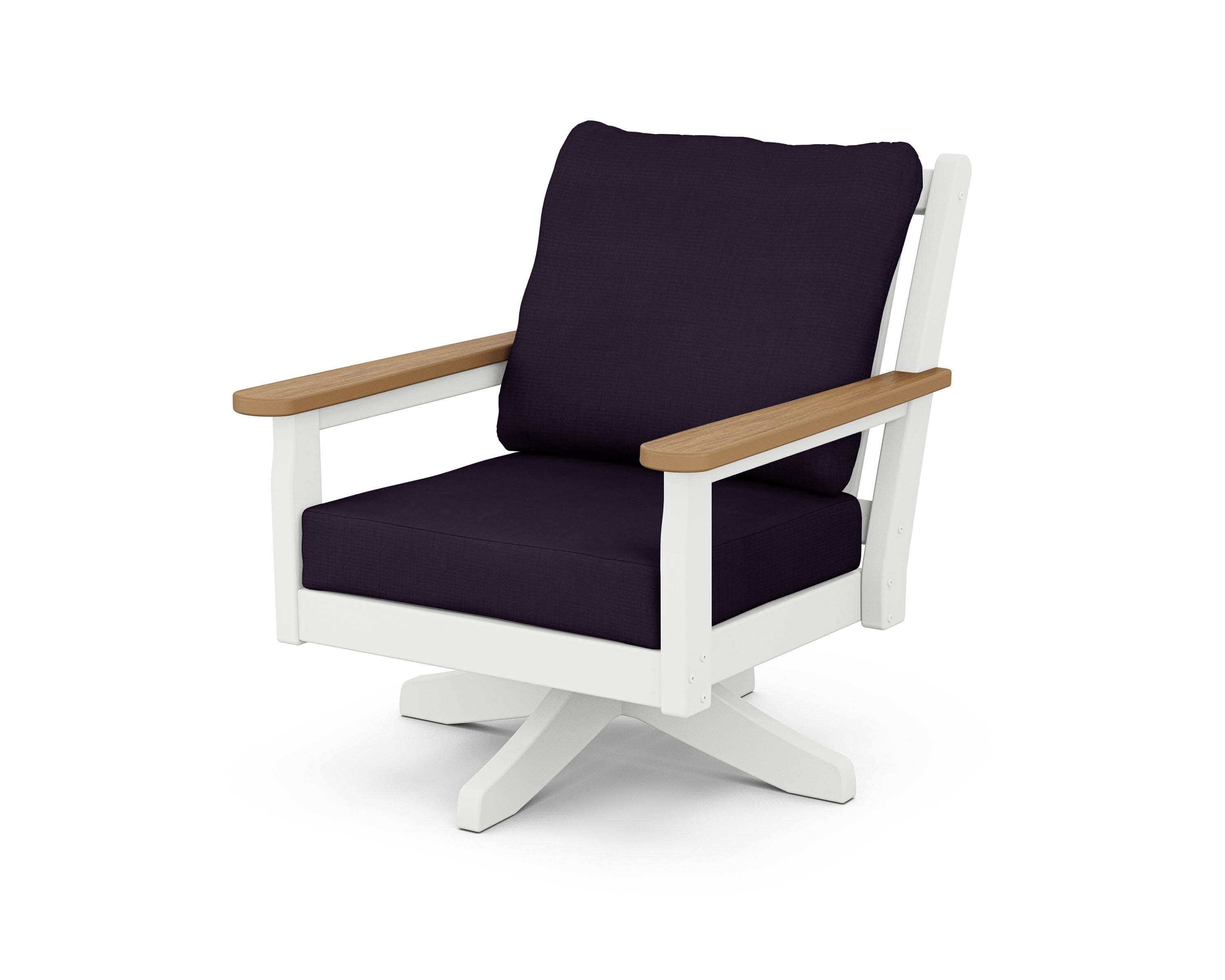 Chippendale Deep Seating Swivel Chair in White / Natural / Navy Linen