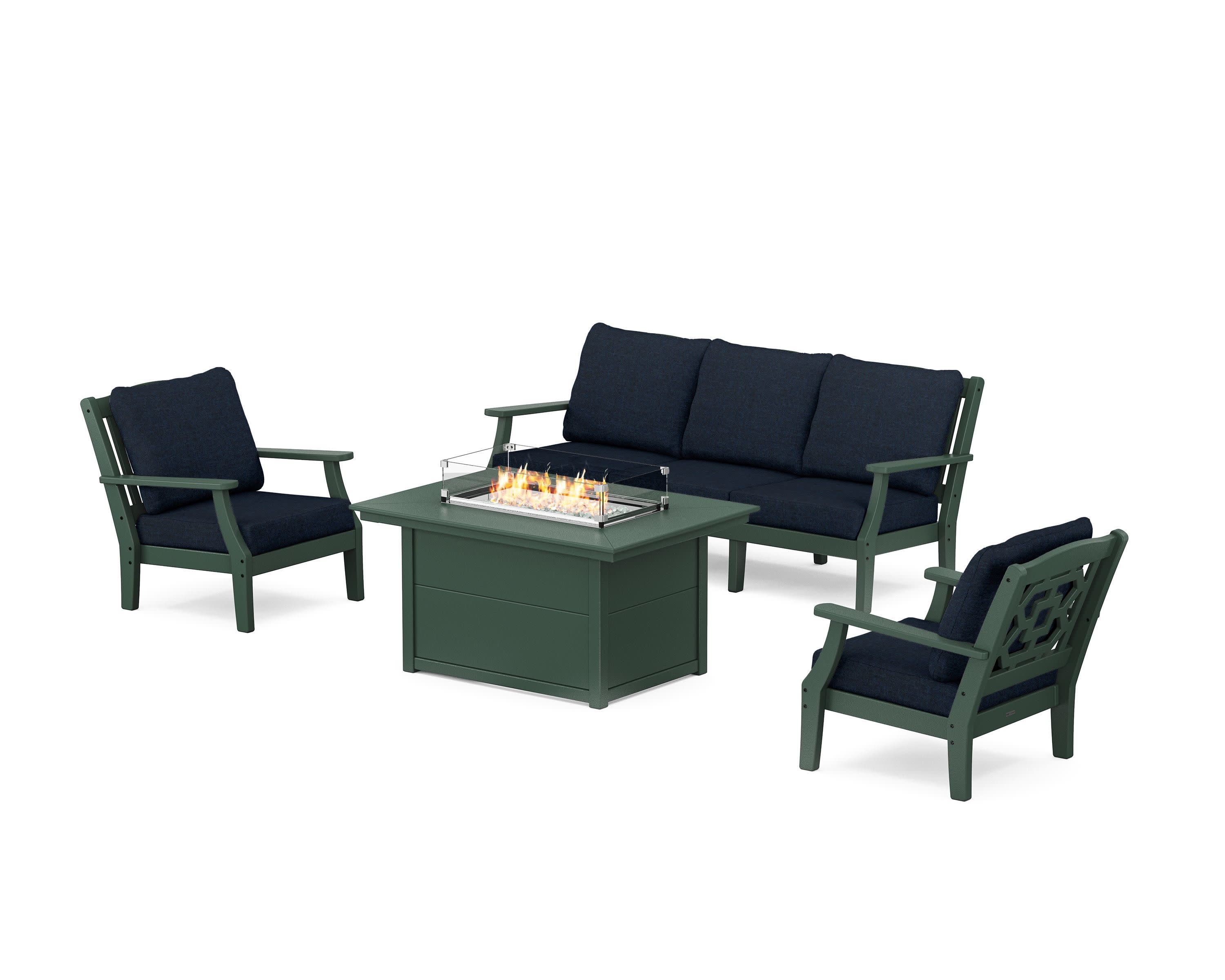 Chinoiserie Deep Seating Fire Pit Table Set in Green / Marine Indigo