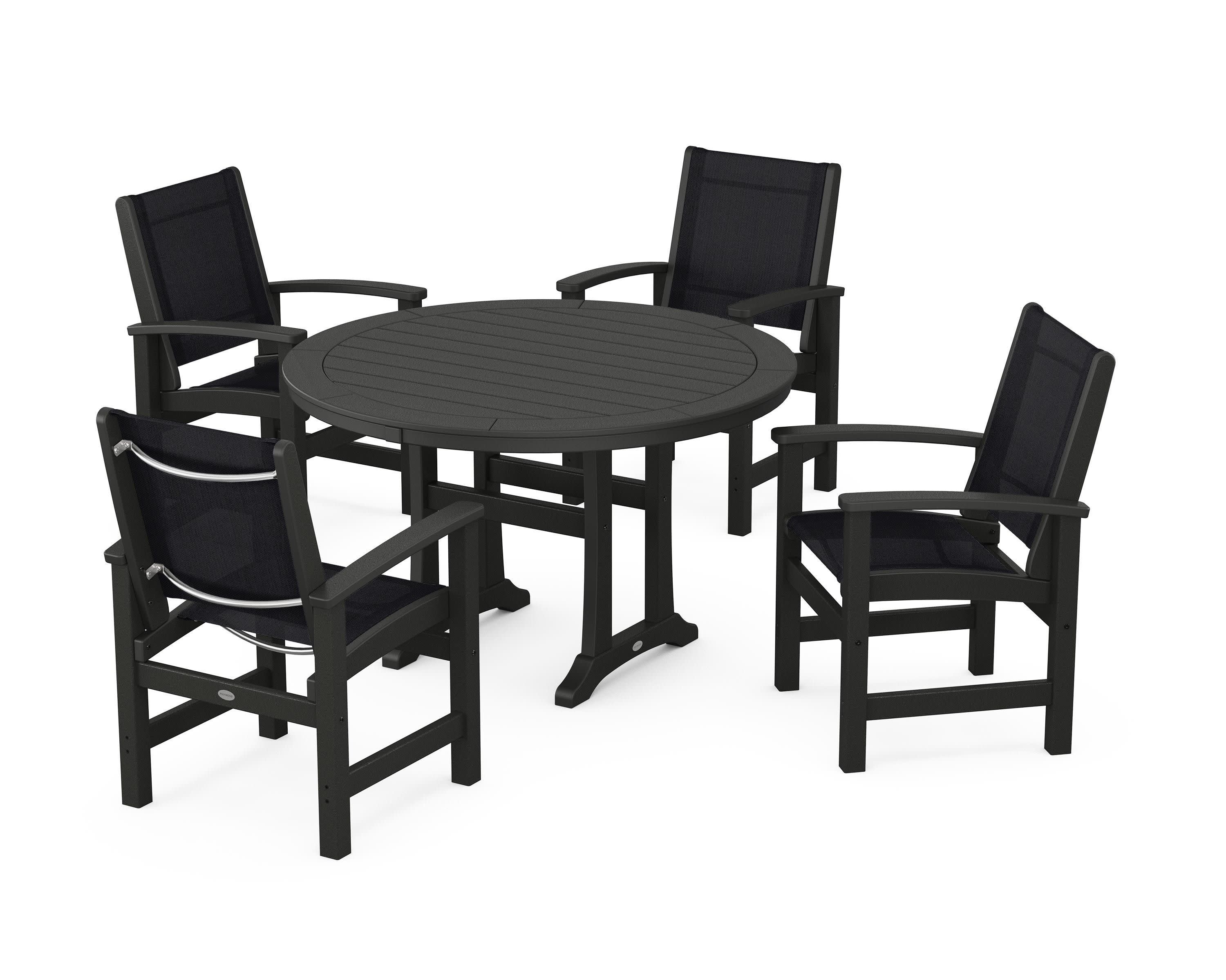 Coastal 5-Piece Round Dining Set with Trestle Legs in Black / Black Sling