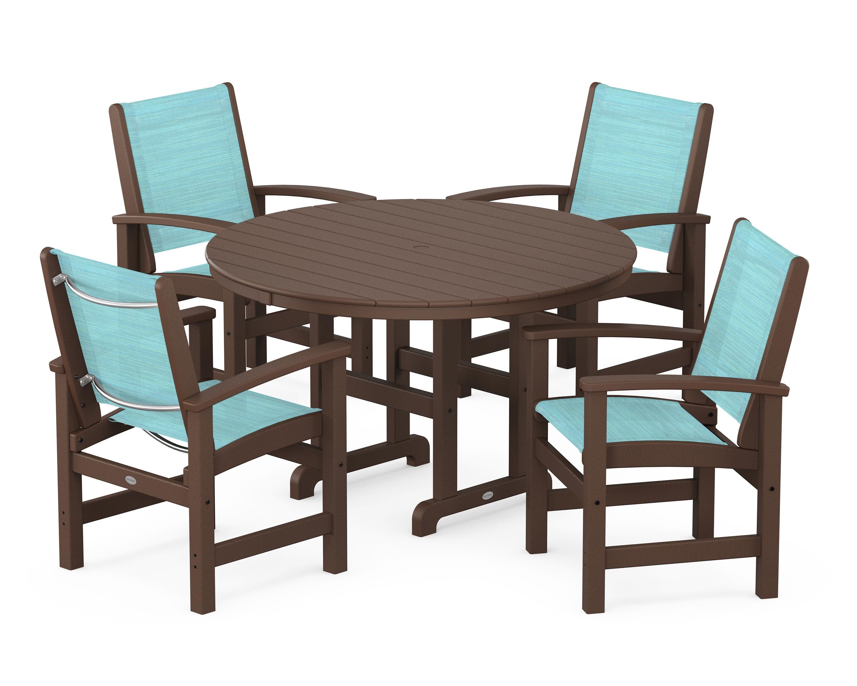 Coastal 5-Piece Round Farmhouse Dining Set in Mahogany / Dupioni Aquamarine Sling