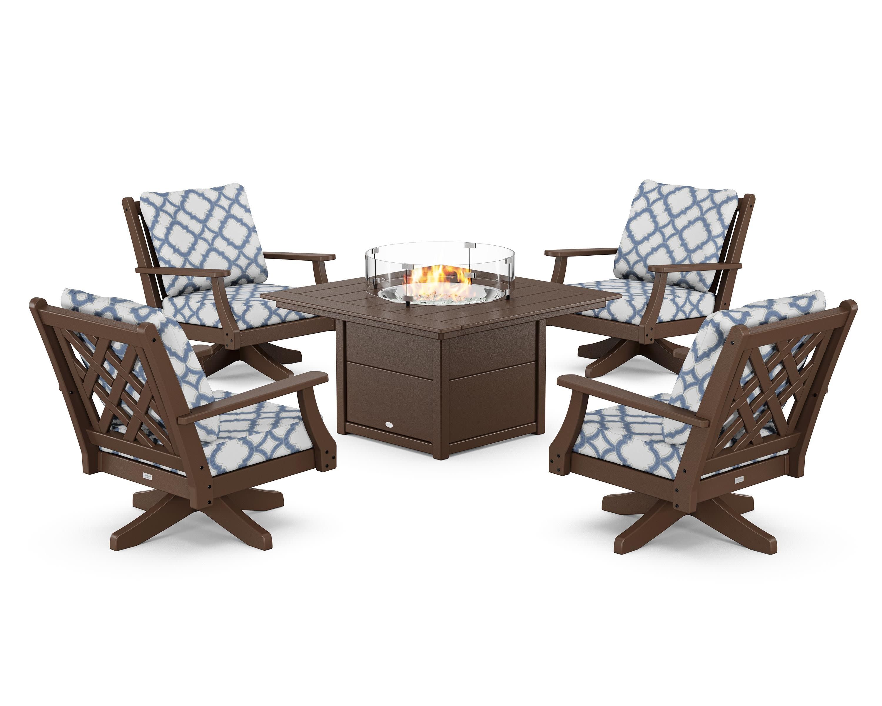 Wovendale 5-Piece Deep Seating Swivel Conversation Set with Fire Pit Table in Mahogany / Trellis Sky Blue
