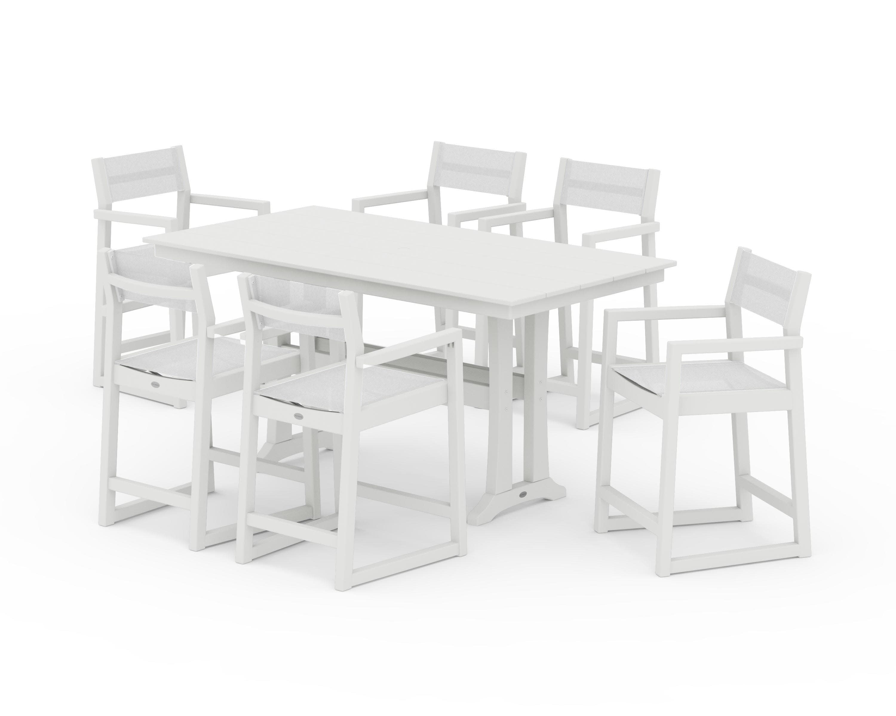 EDGE Sling Arm Chair 7-Piece Farmhouse Counter Set with Trestle Legs in Vintage White / White Sling