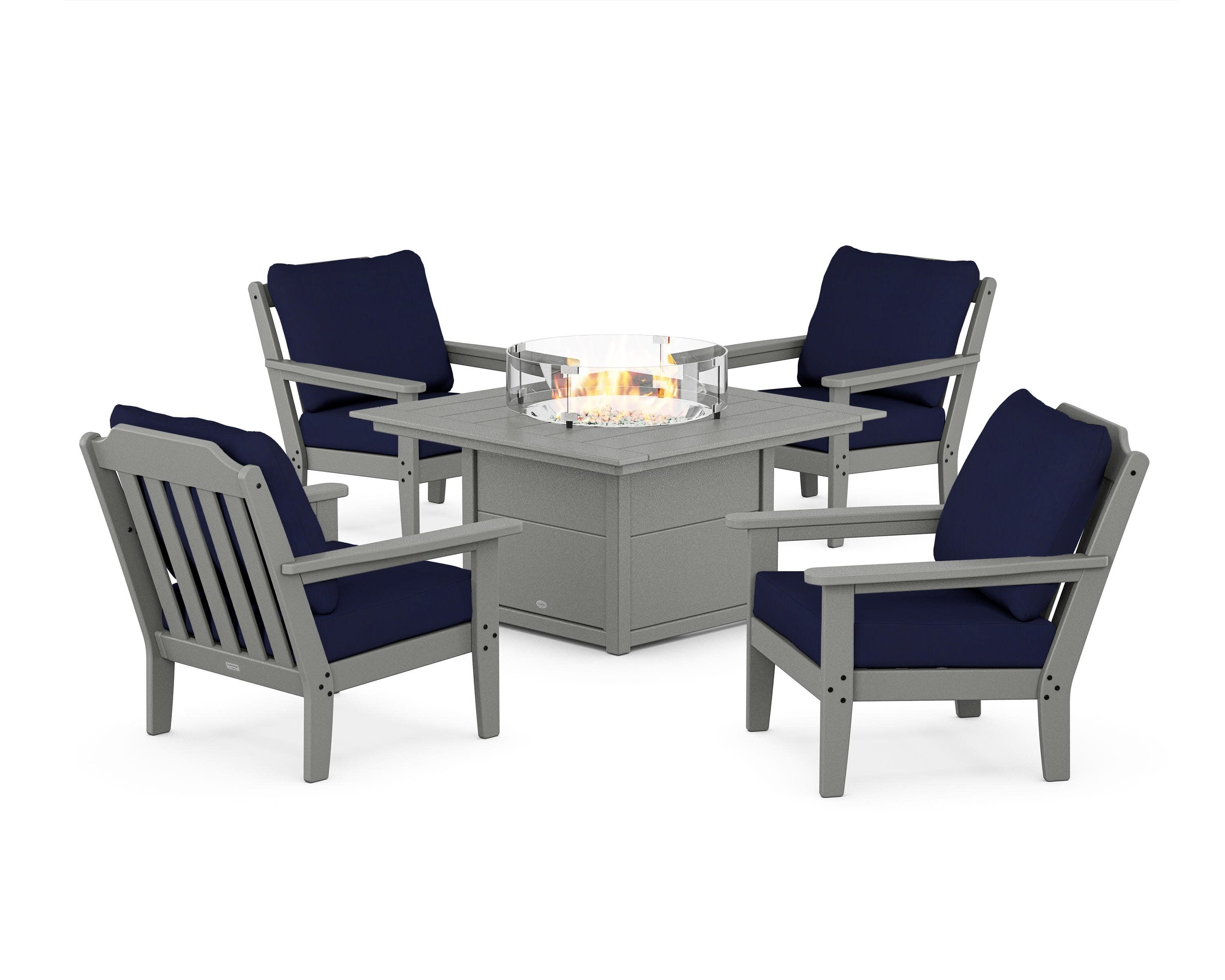 Cottage 5-Piece Deep Seating Set with Fire Pit Table in Slate Grey / Navy