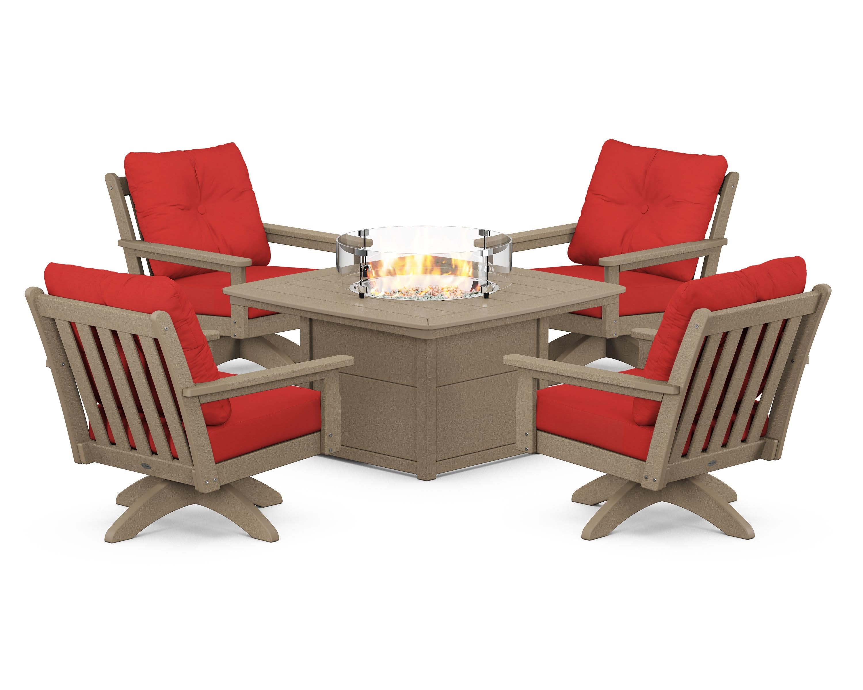 Vineyard 5-Piece Deep Seating Swivel Conversation Set with Fire Pit Table in Vintage Sahara / Crimson Linen