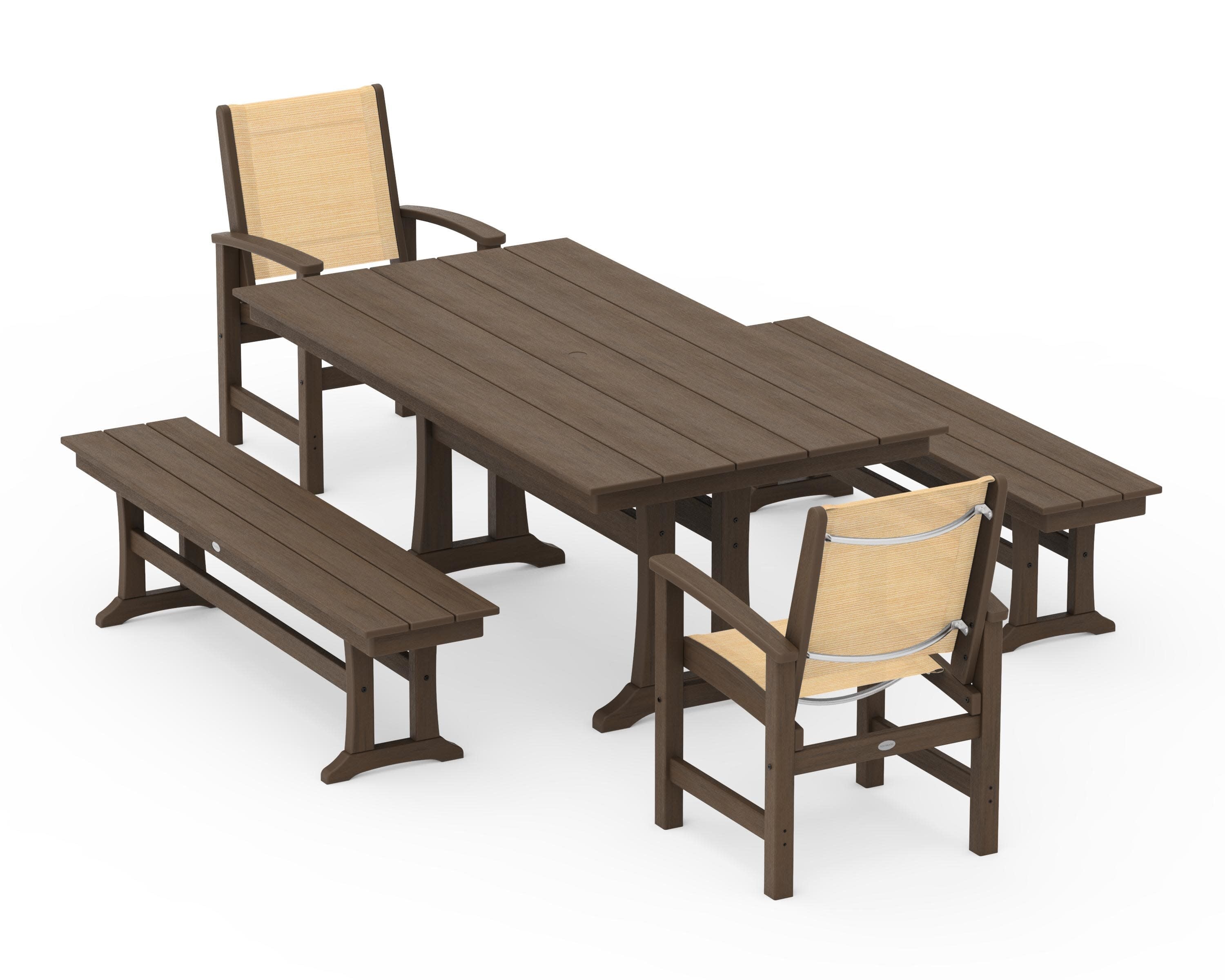 Coastal 5-Piece Farmhouse Dining Set with Trestle Legs and Benches in Kona / Dupioni Apricot Sling