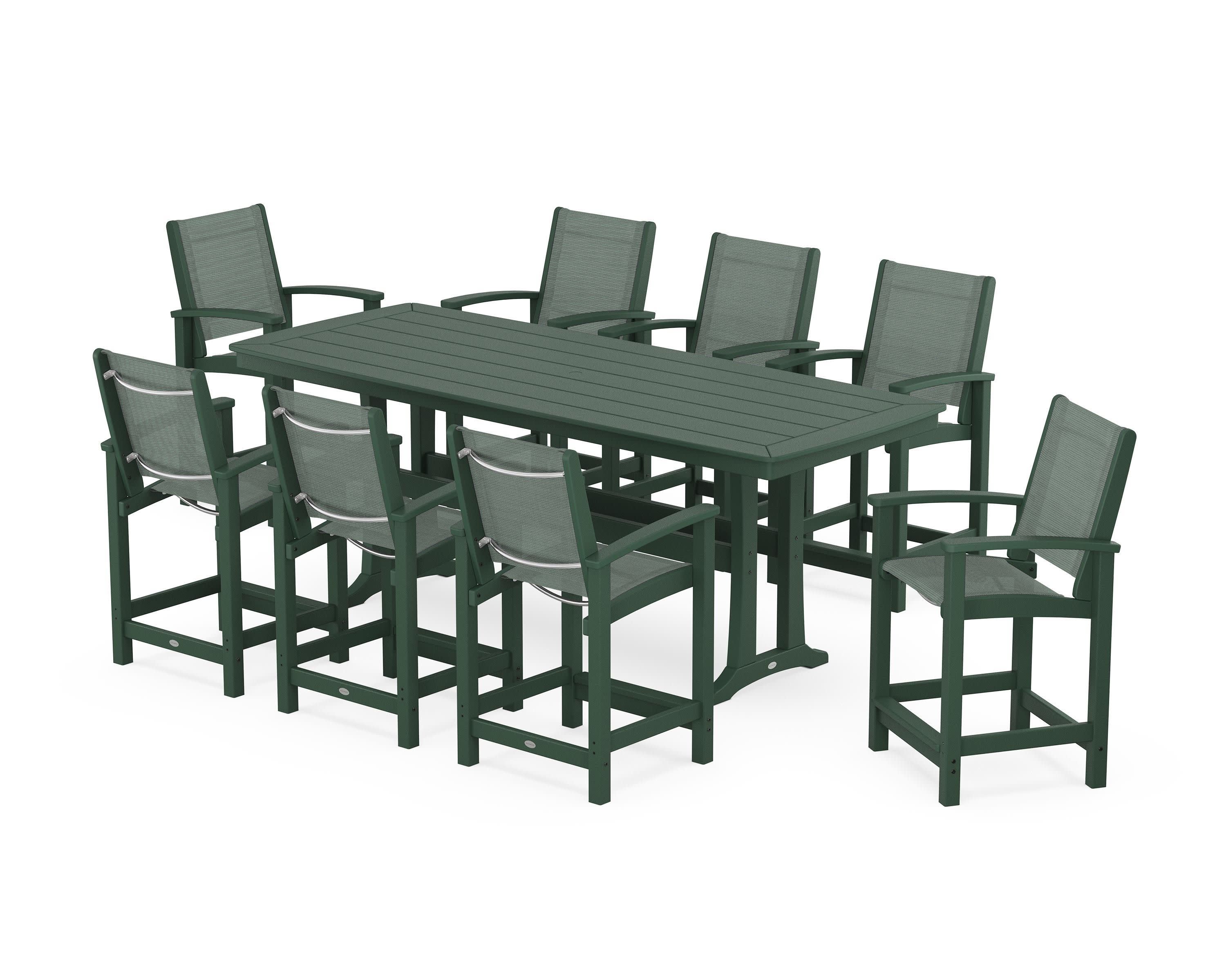 Coastal 9-Piece Counter Set with Trestle Legs in Green / Dupioni Sea Mist Sling