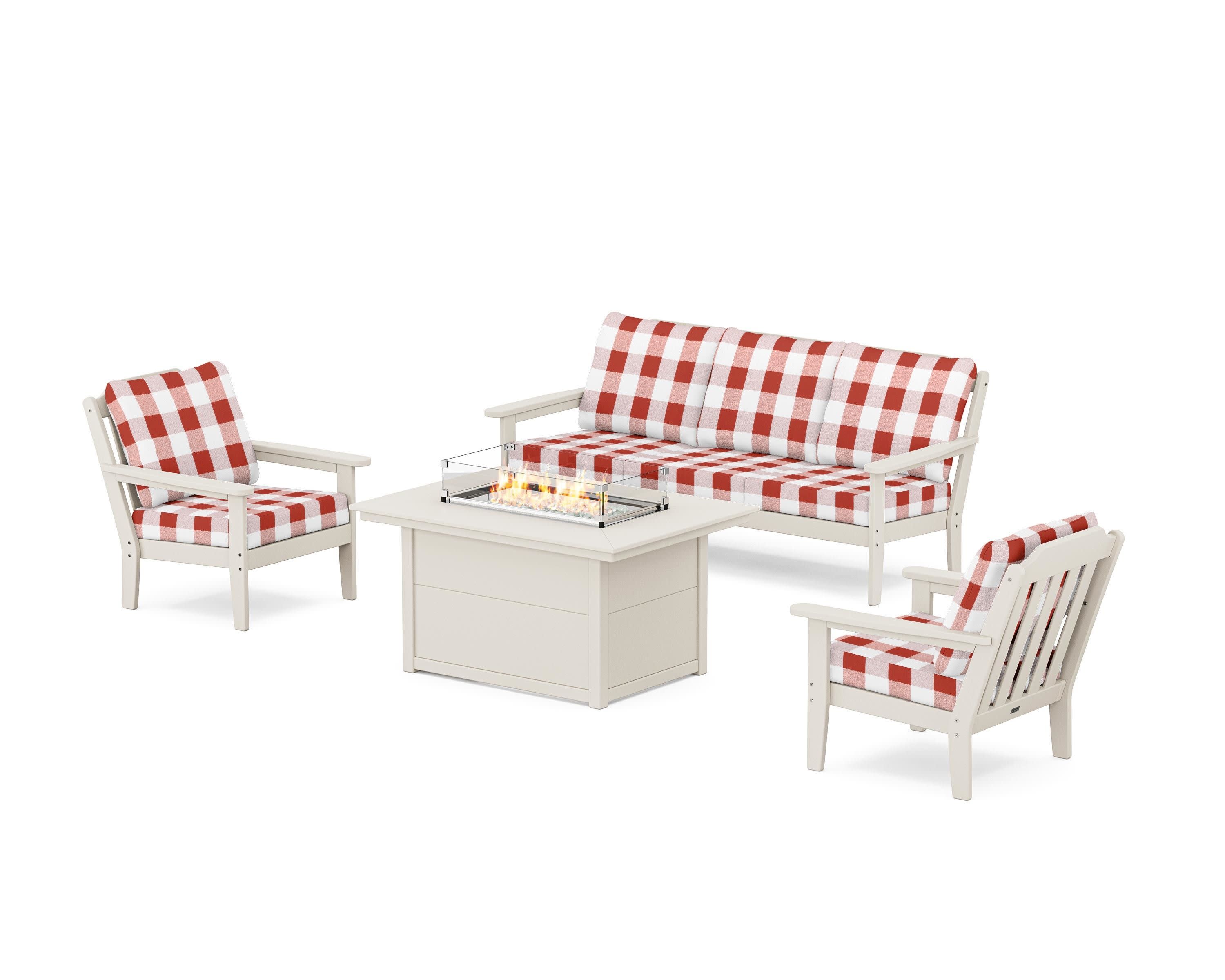 Cottage Deep Seating Fire Pit Table Set in Sand / Buffalo Plaid Crimson