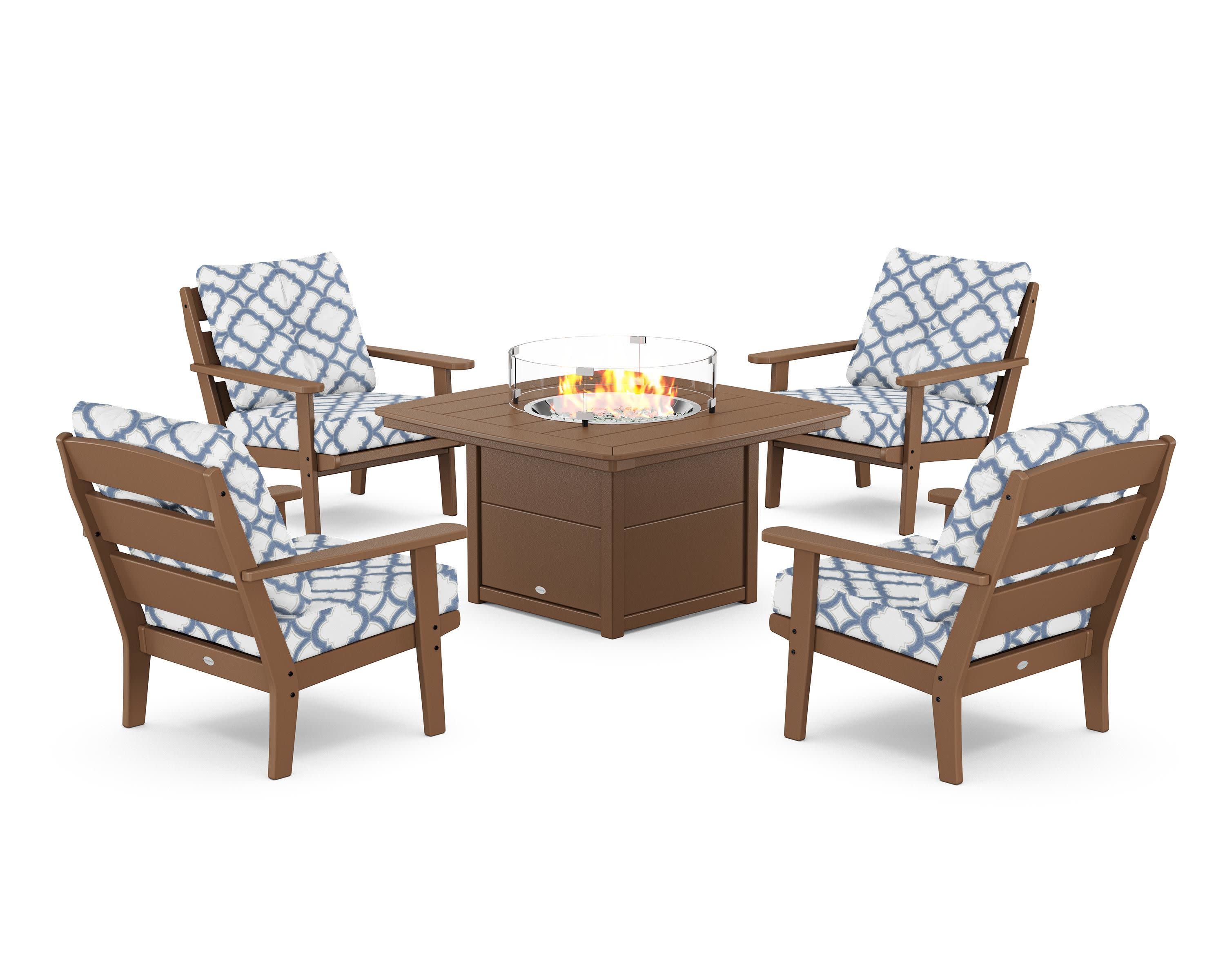 Lakeside 5-Piece Deep Seating Set with Nautical Fire Pit Table in Teak / Trellis Sky Blue