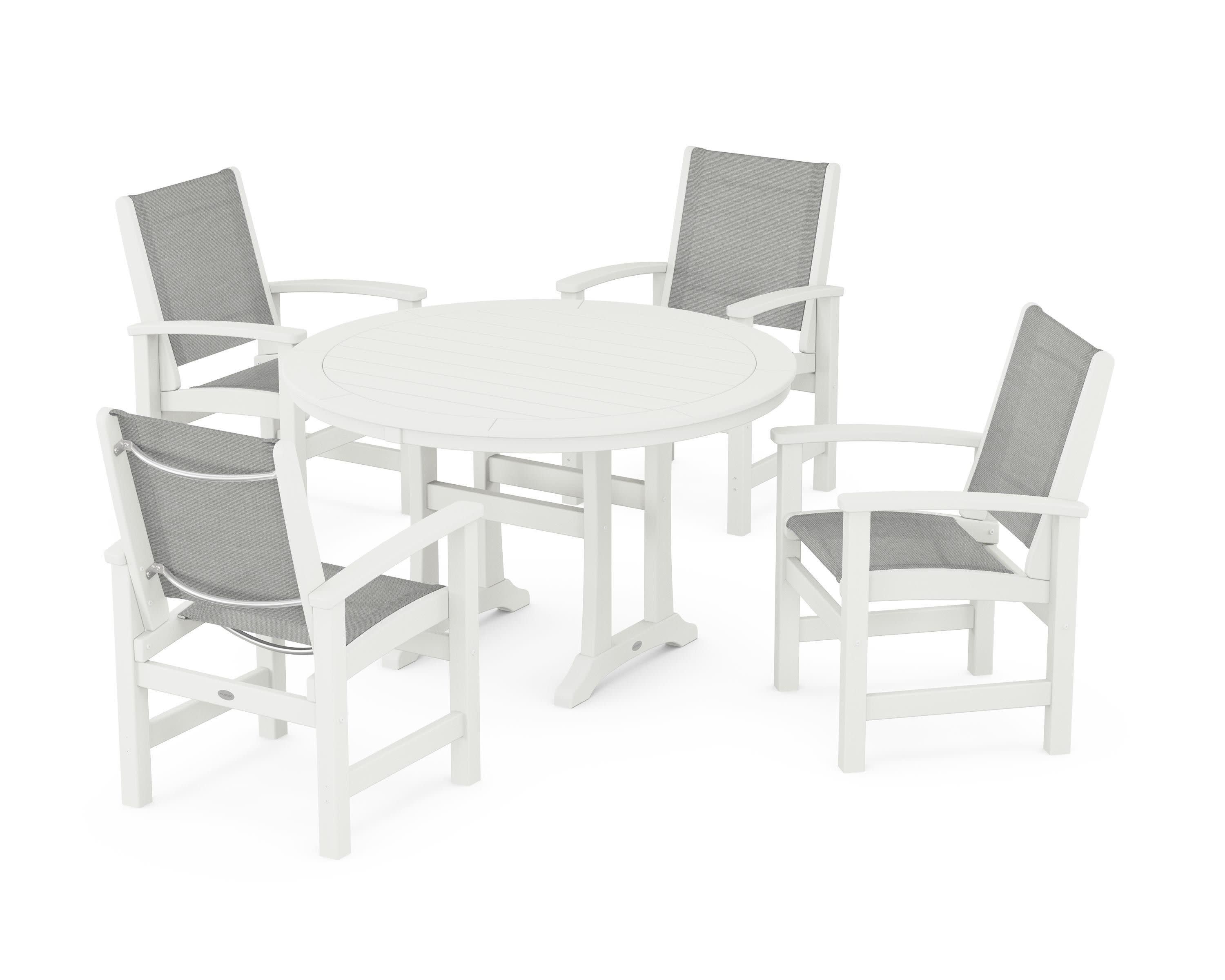 Coastal 5-Piece Round Dining Set with Trestle Legs in Vintage White / Metallic Sling