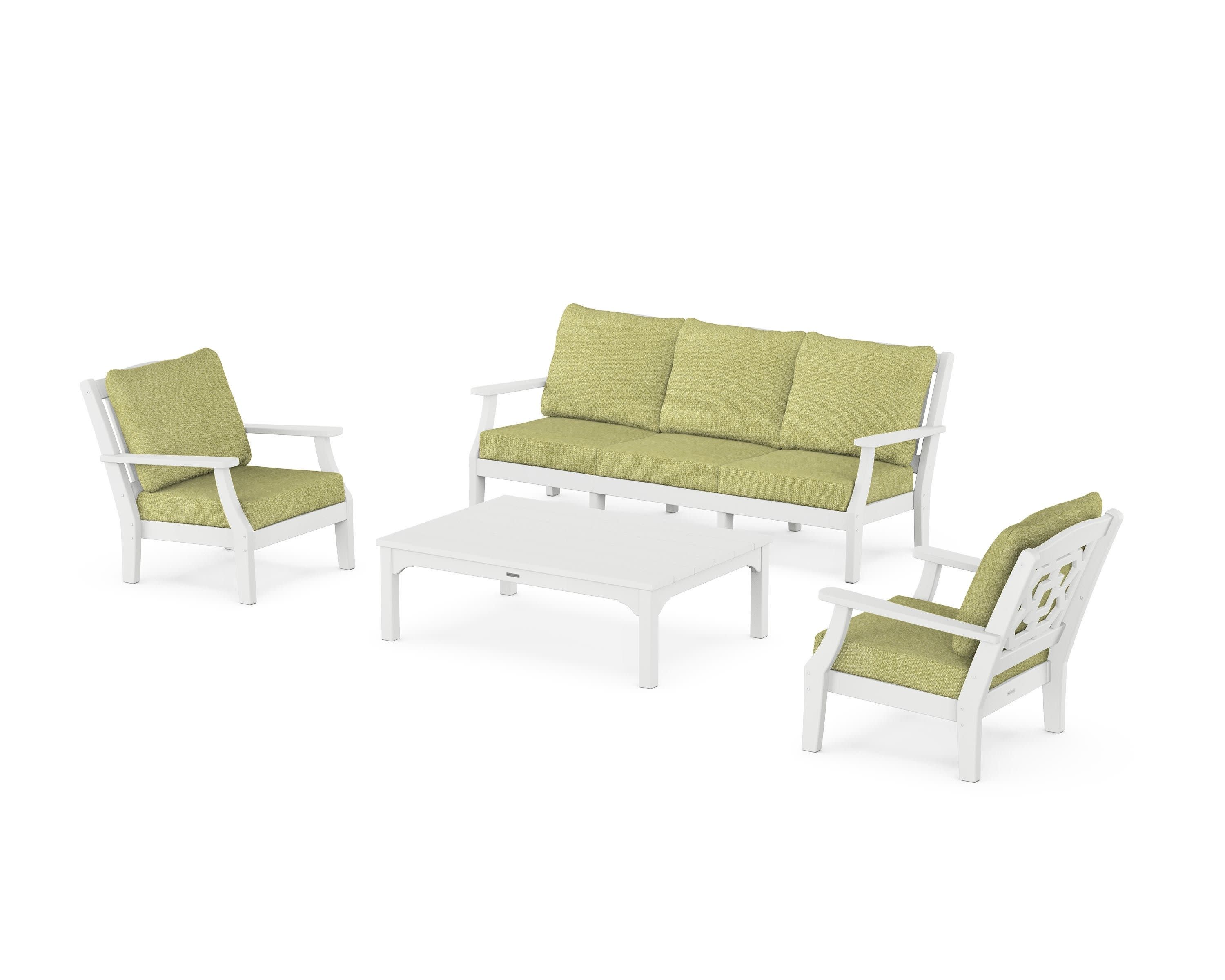 Chinoiserie 4-Piece Deep Seating Set with Sofa in White / Chartreuse Boucle