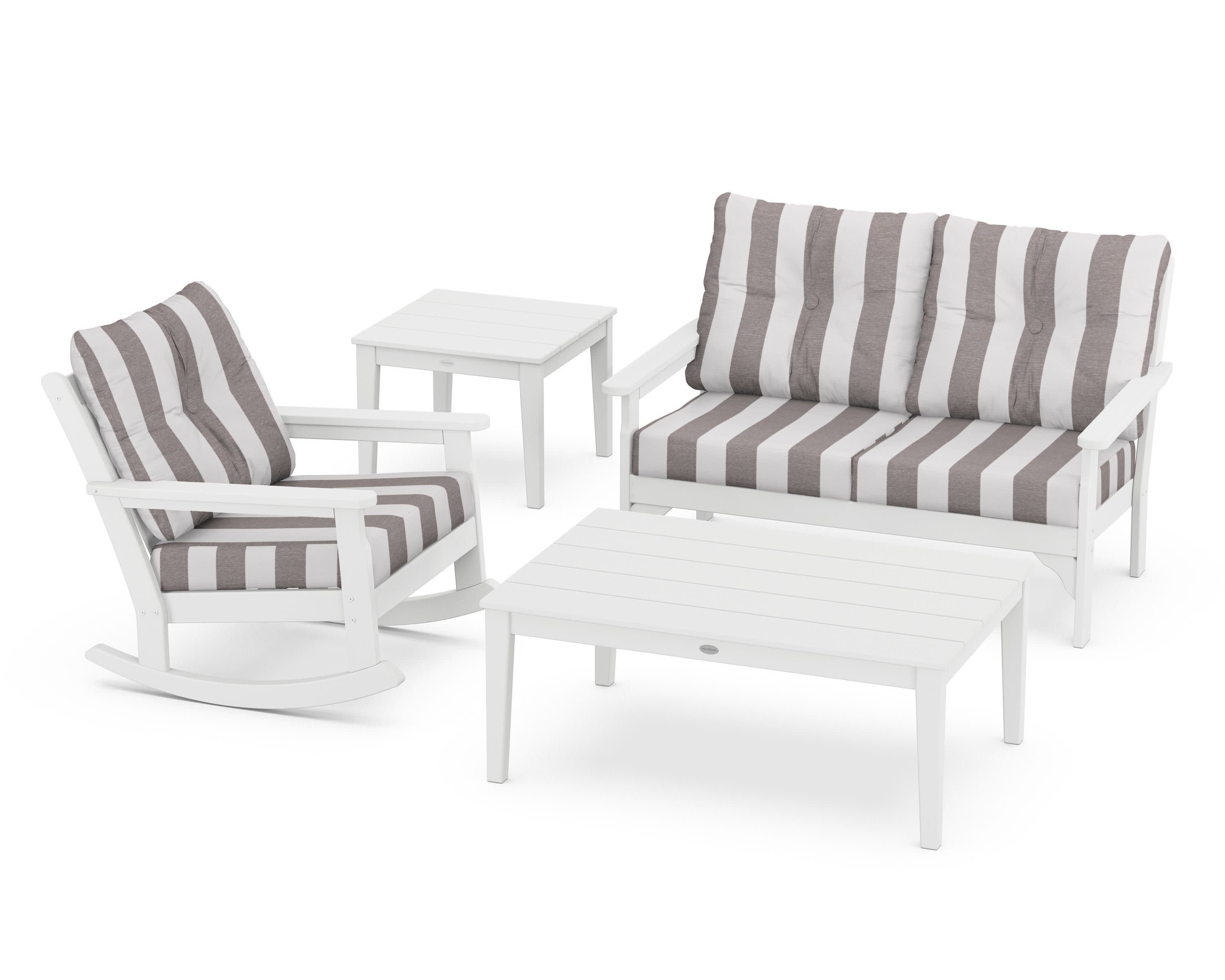 Vineyard 4-Piece Deep Seating Rocker Set in White / Cabana Stripe Grey Mist
