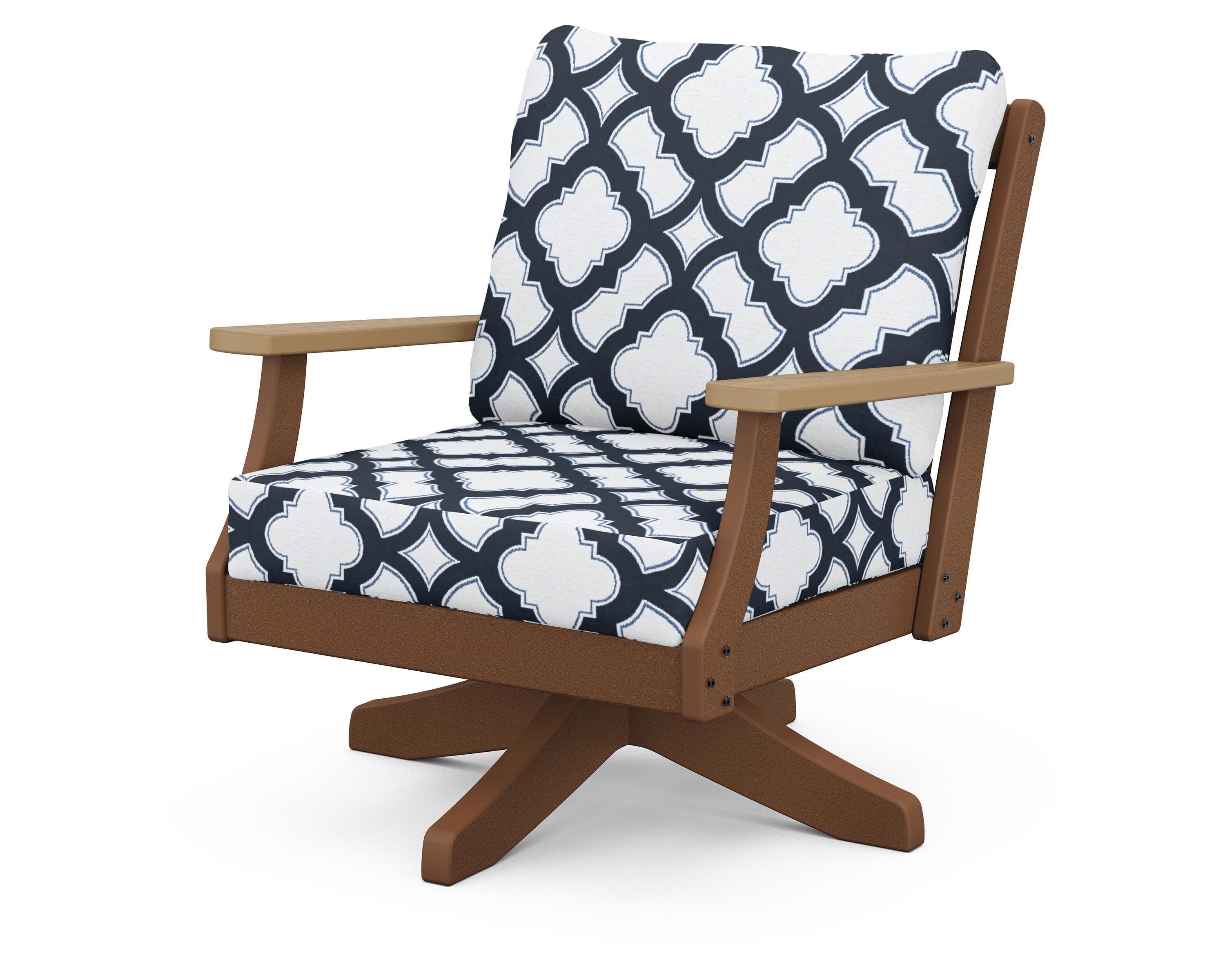 Braxton Deep Seating Swivel Chair in Teak / Natural / Trellis Marine Indigo
