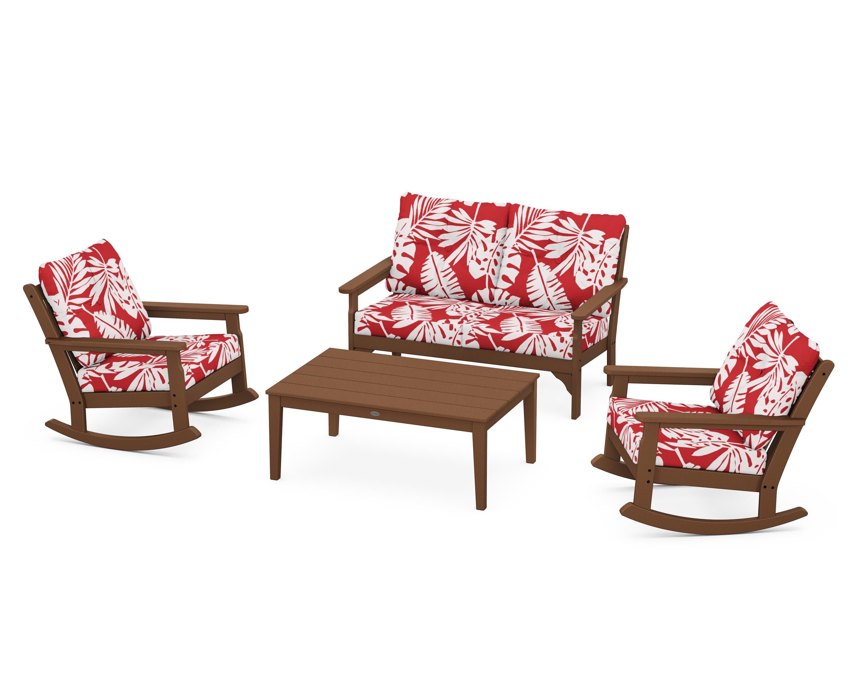 Vineyard 4-Piece Deep Seating Rocking Chair Set in Teak / Leaf Crimson