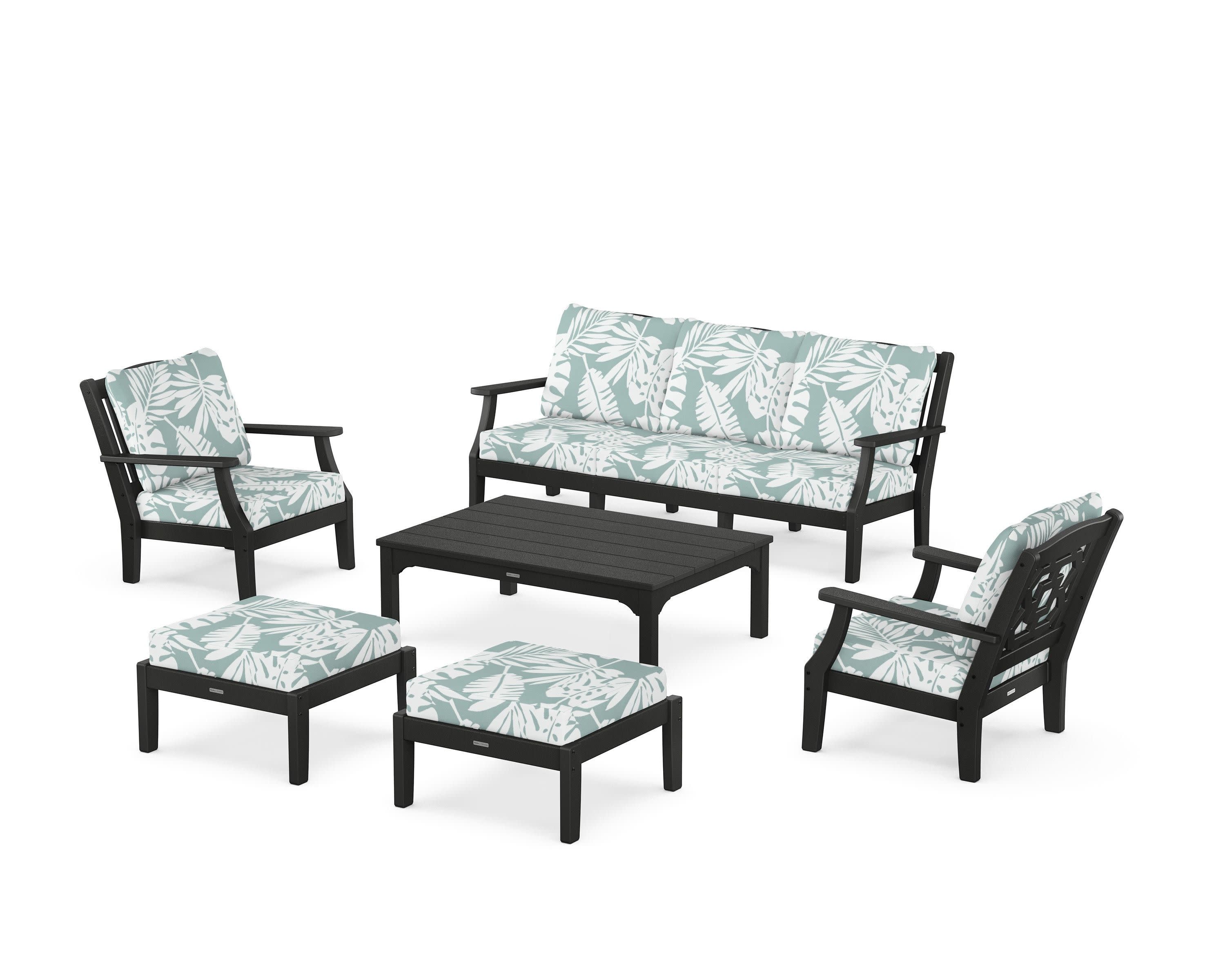 Chinoiserie 6-Piece Lounge Sofa Set in Black / Leaf Glacier Spa