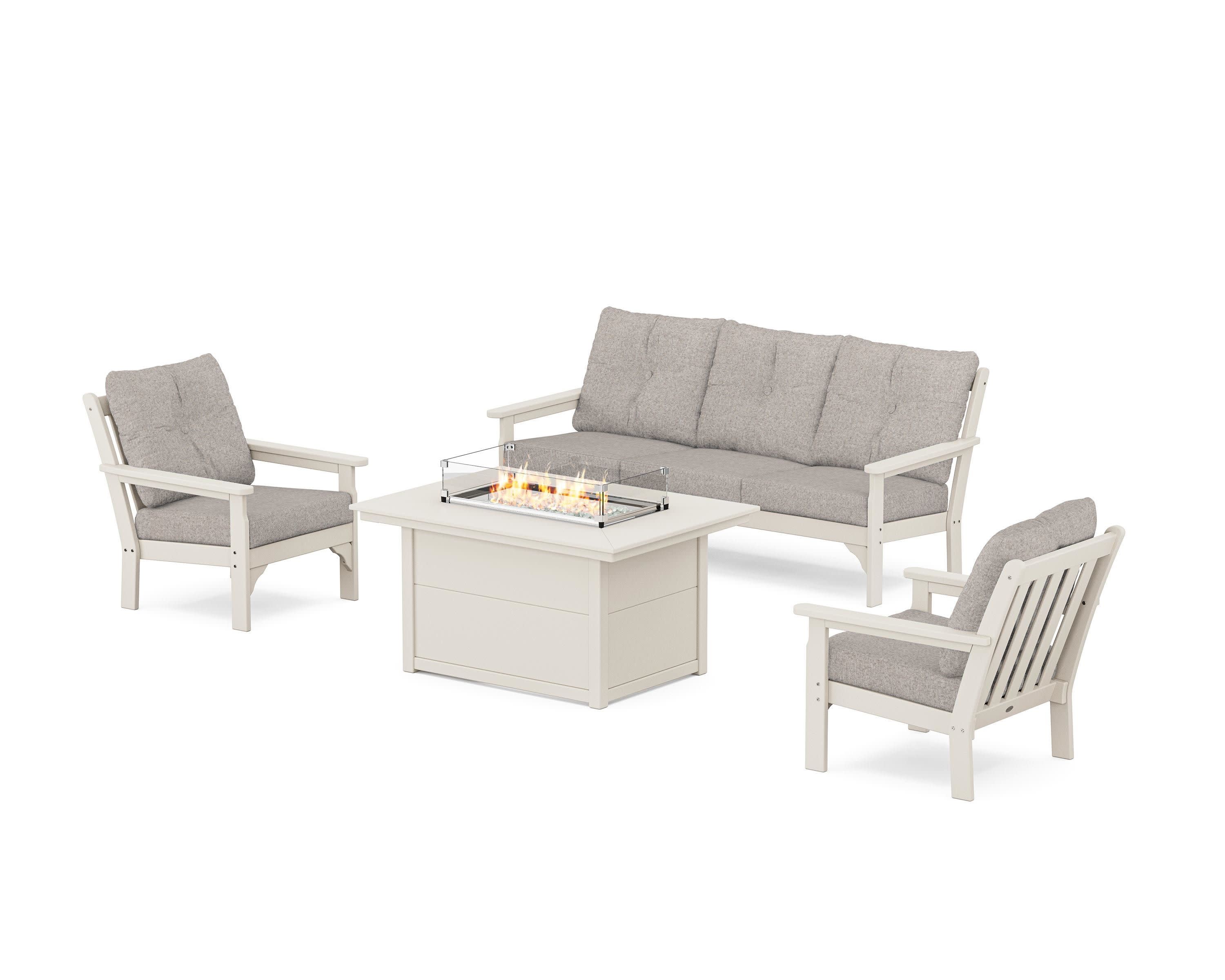 Vineyard Deep Seating Fire Pit Table Set in Sand / Weathered Tweed