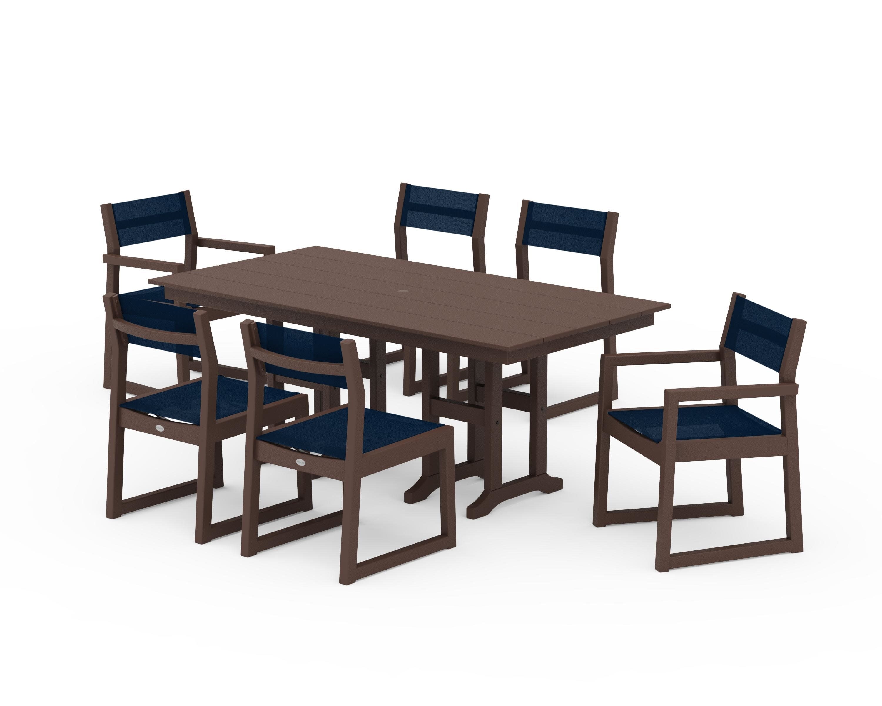 EDGE Sling 7-Piece Farmhouse Dining Set in Mahogany / Navy Blue Sling