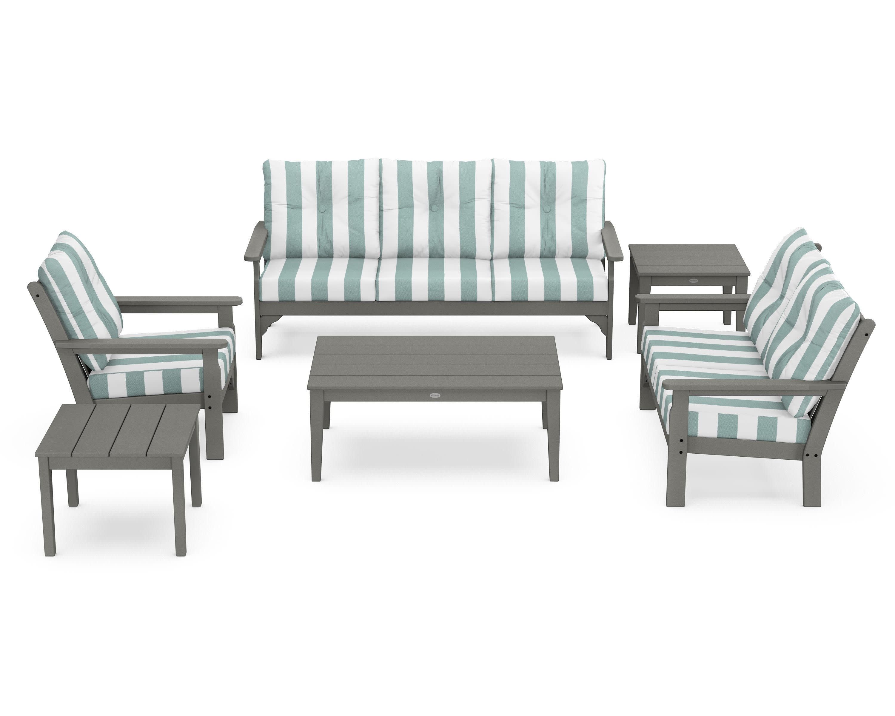 Vineyard 6-Piece Deep Seating Set in Slate Grey / Cabana Stripe Glacier Spa