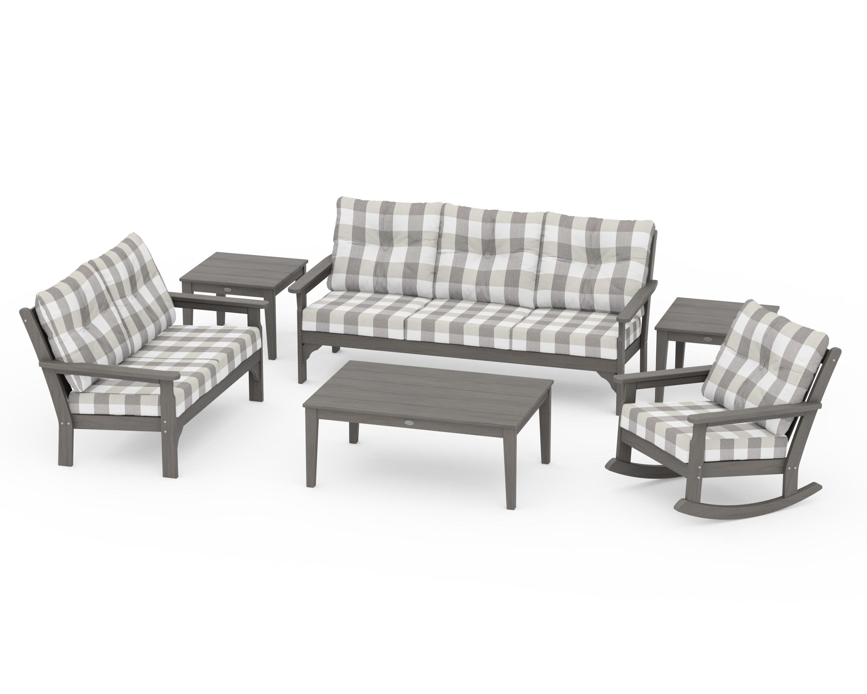 Vineyard 6-Piece Deep Seating Set in Driftwood / Buffalo Plaid Grey Mist