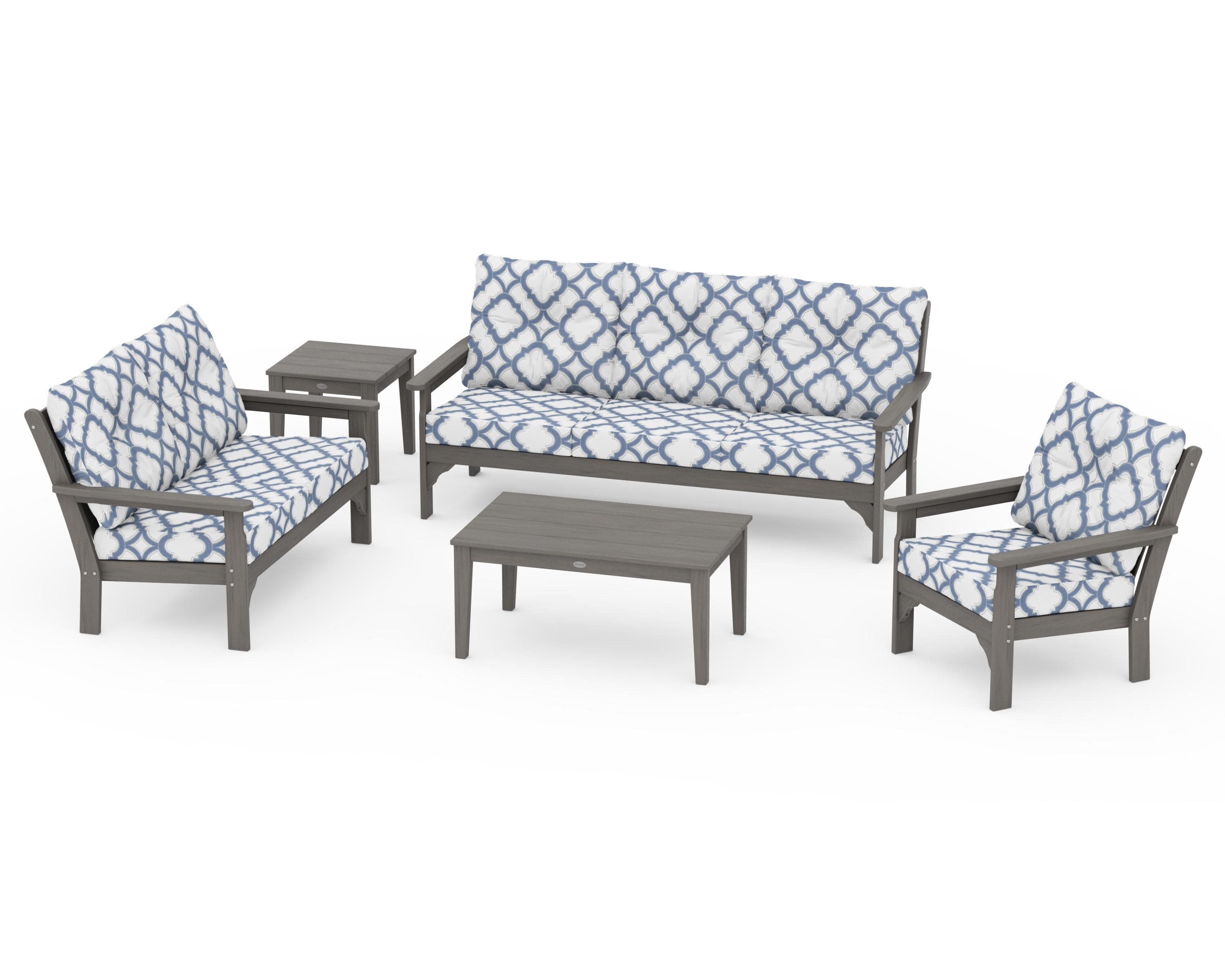 Vineyard 5 Piece Deep Seating Set in Driftwood / Trellis Sky Blue