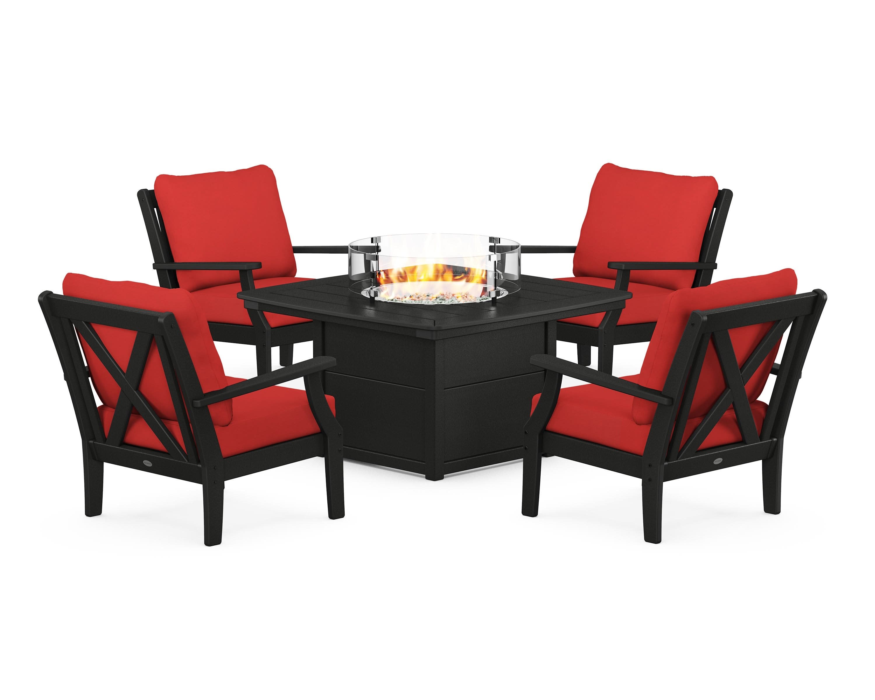 Braxton 5-Piece Deep Seating Conversation Set with Fire Pit Table in Black / Crimson Linen