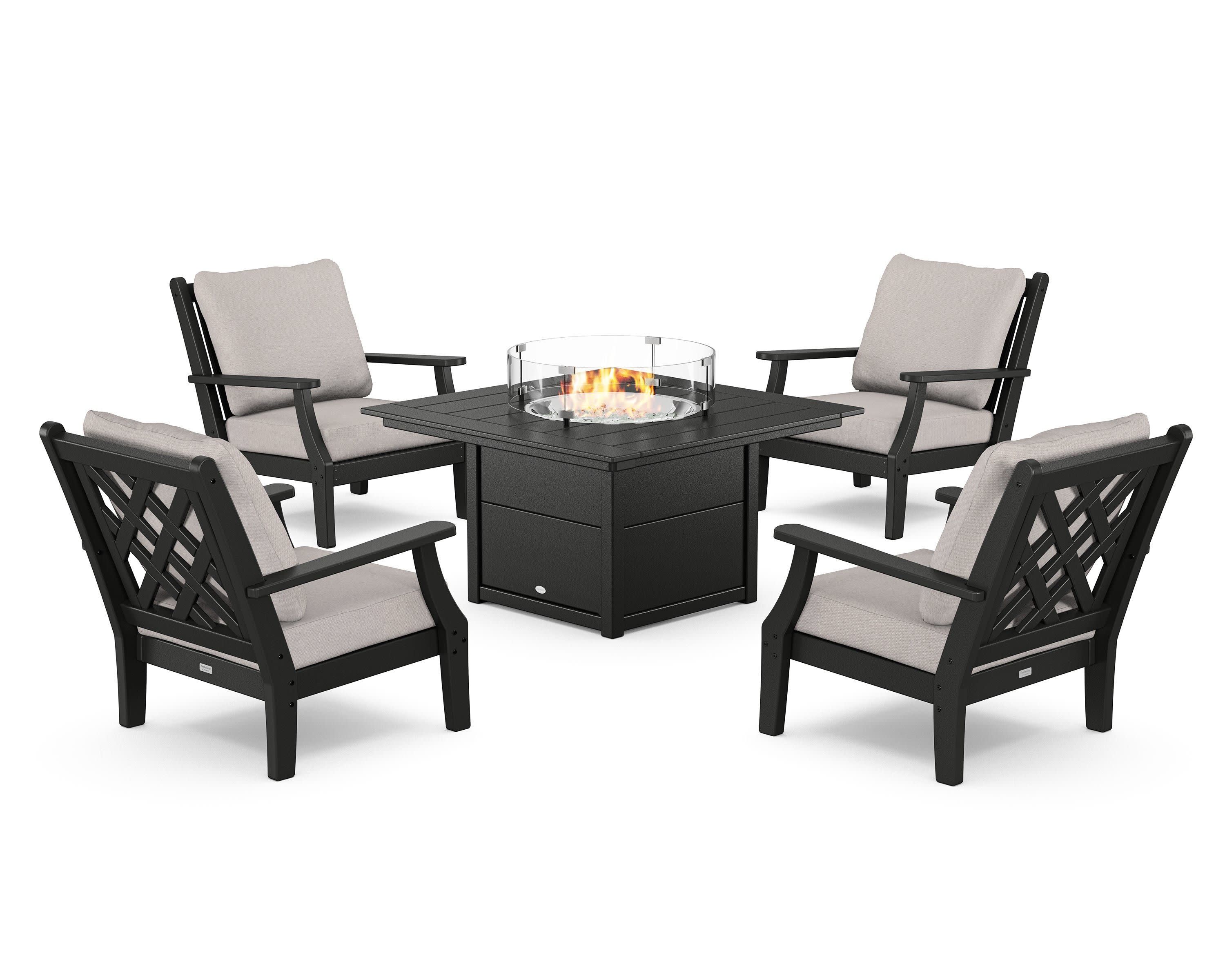 Wovendale 5-Piece Deep Seating Set with Fire Pit Table in Black / Dune Burlap