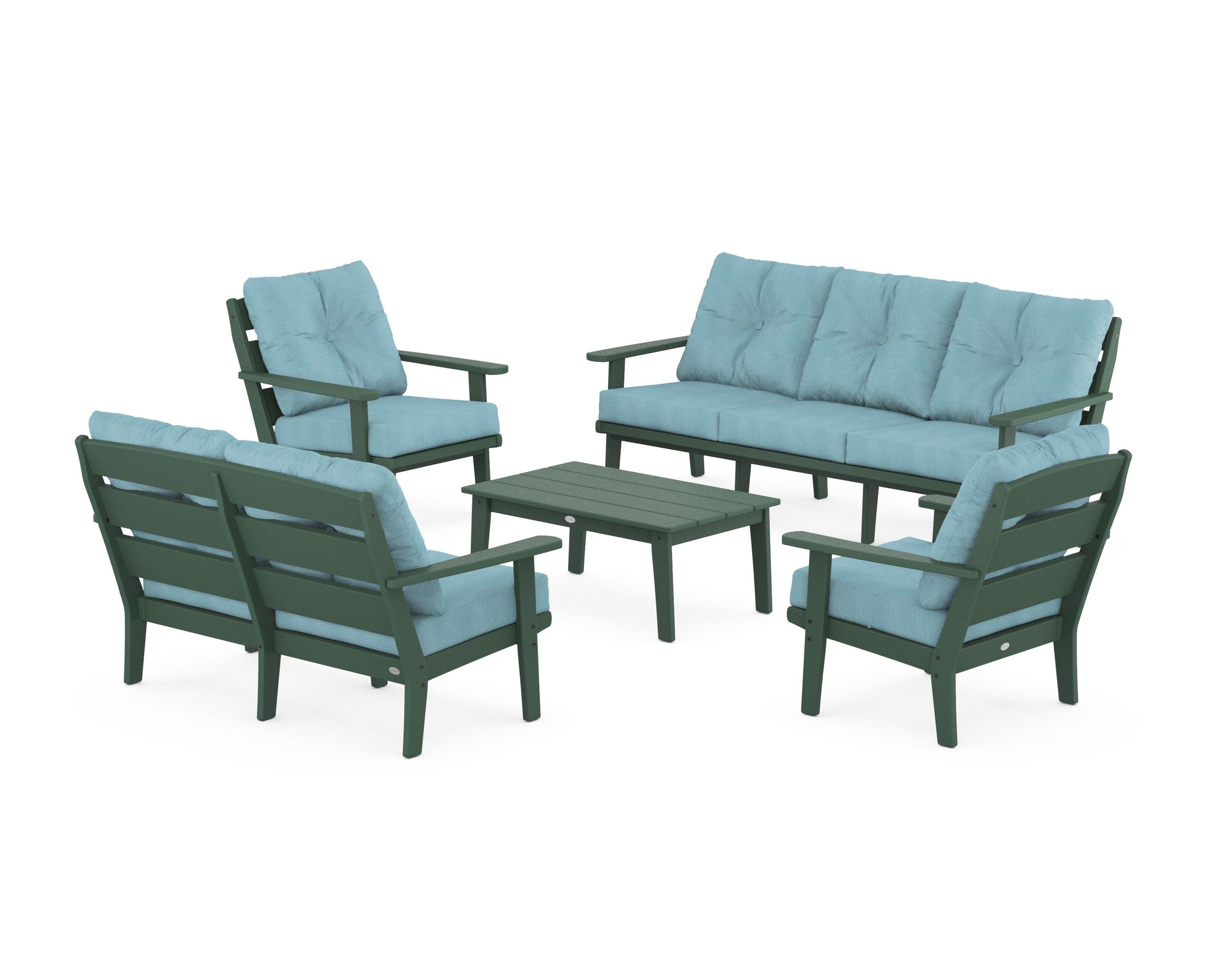 Lakeside 5-Piece Lounge Sofa Set in Green / Lattice Sky Blue