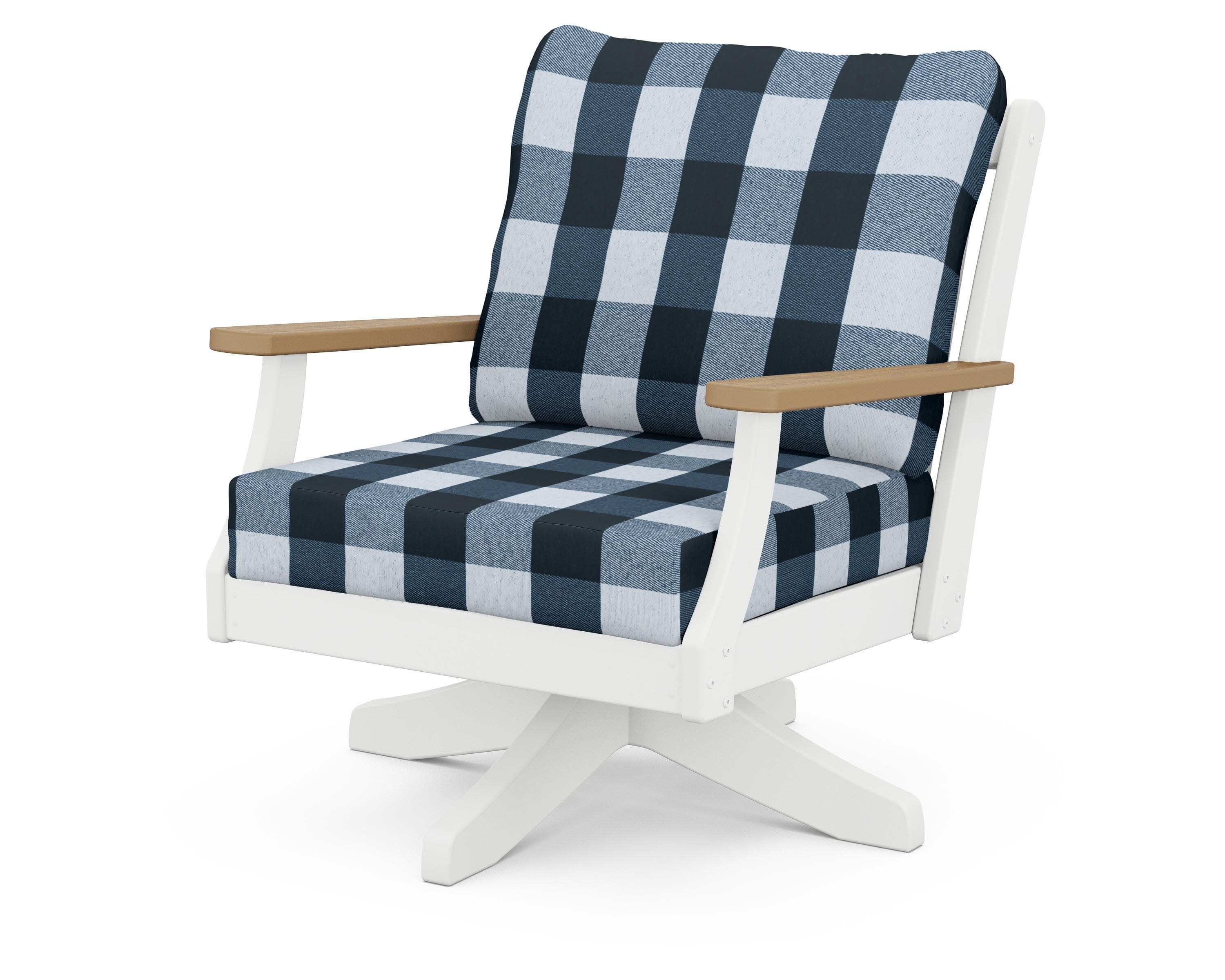 Braxton Deep Seating Swivel Chair in White / Natural / Buffalo Plaid Marine Indigo