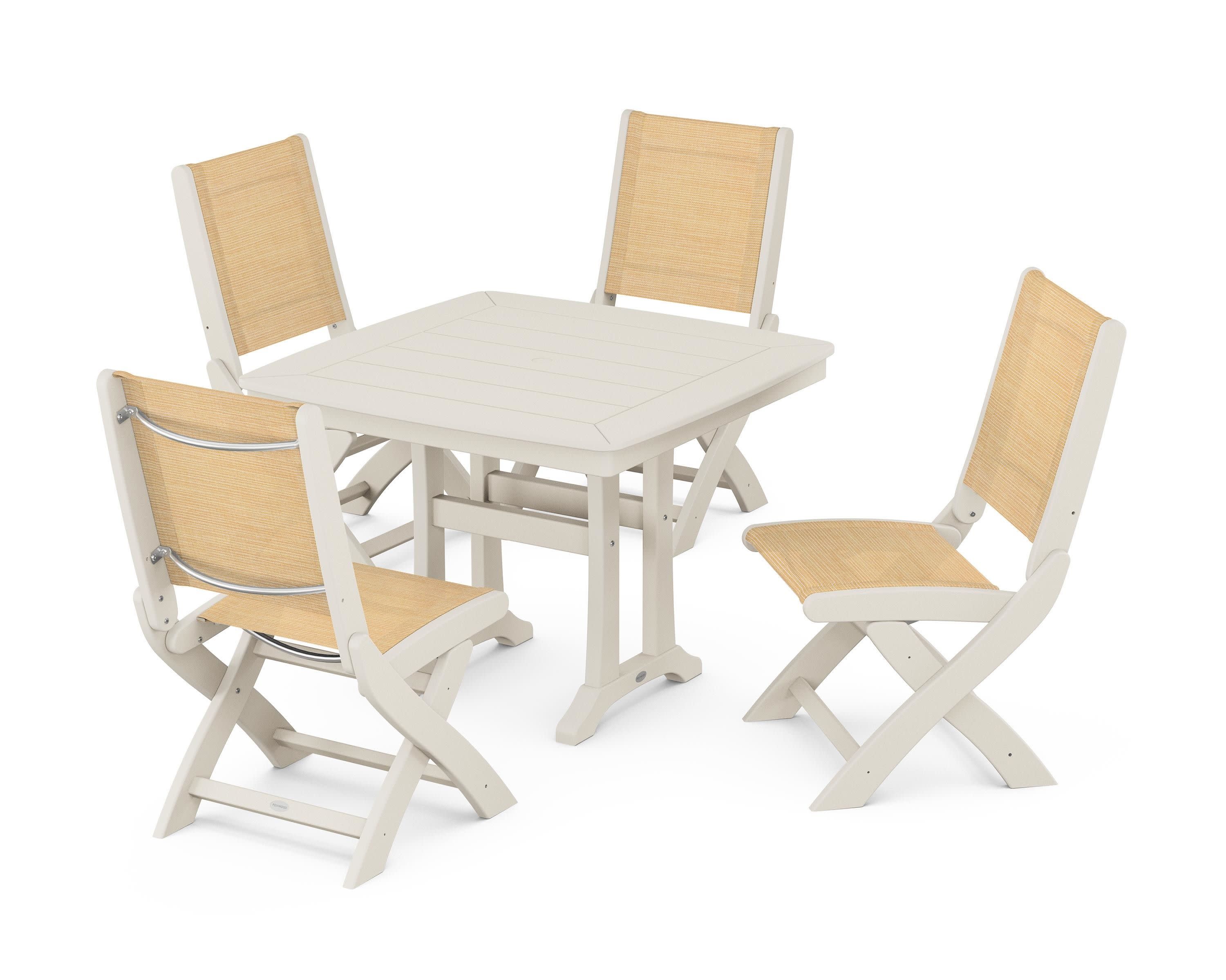 Coastal Folding Side Chair 5-Piece Dining Set with Trestle Legs in Sand / Dupioni Apricot Sling