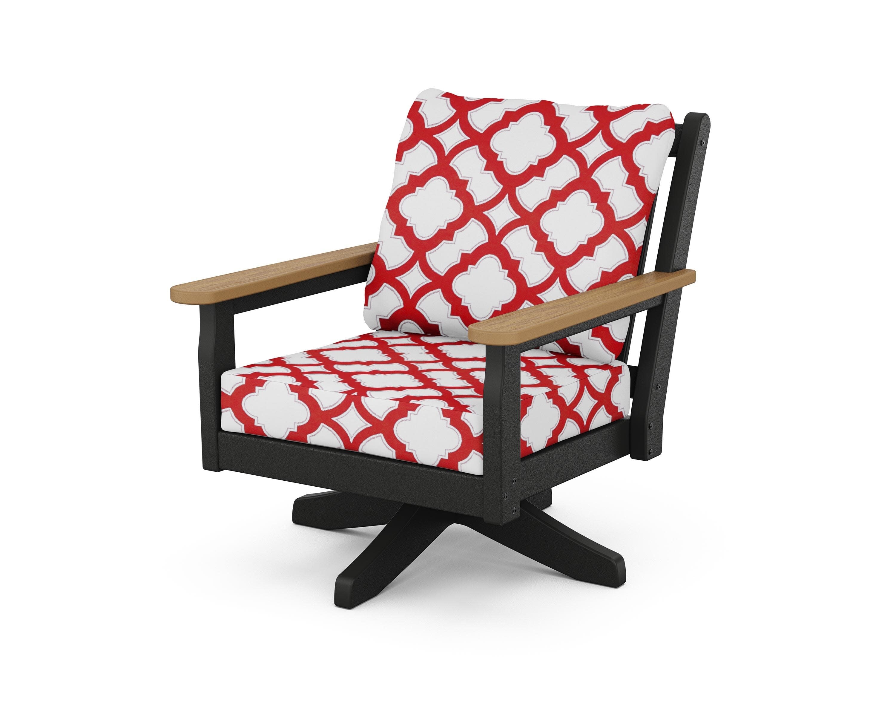 Chippendale Deep Seating Swivel Chair in Black / Natural / Trellis Crimson