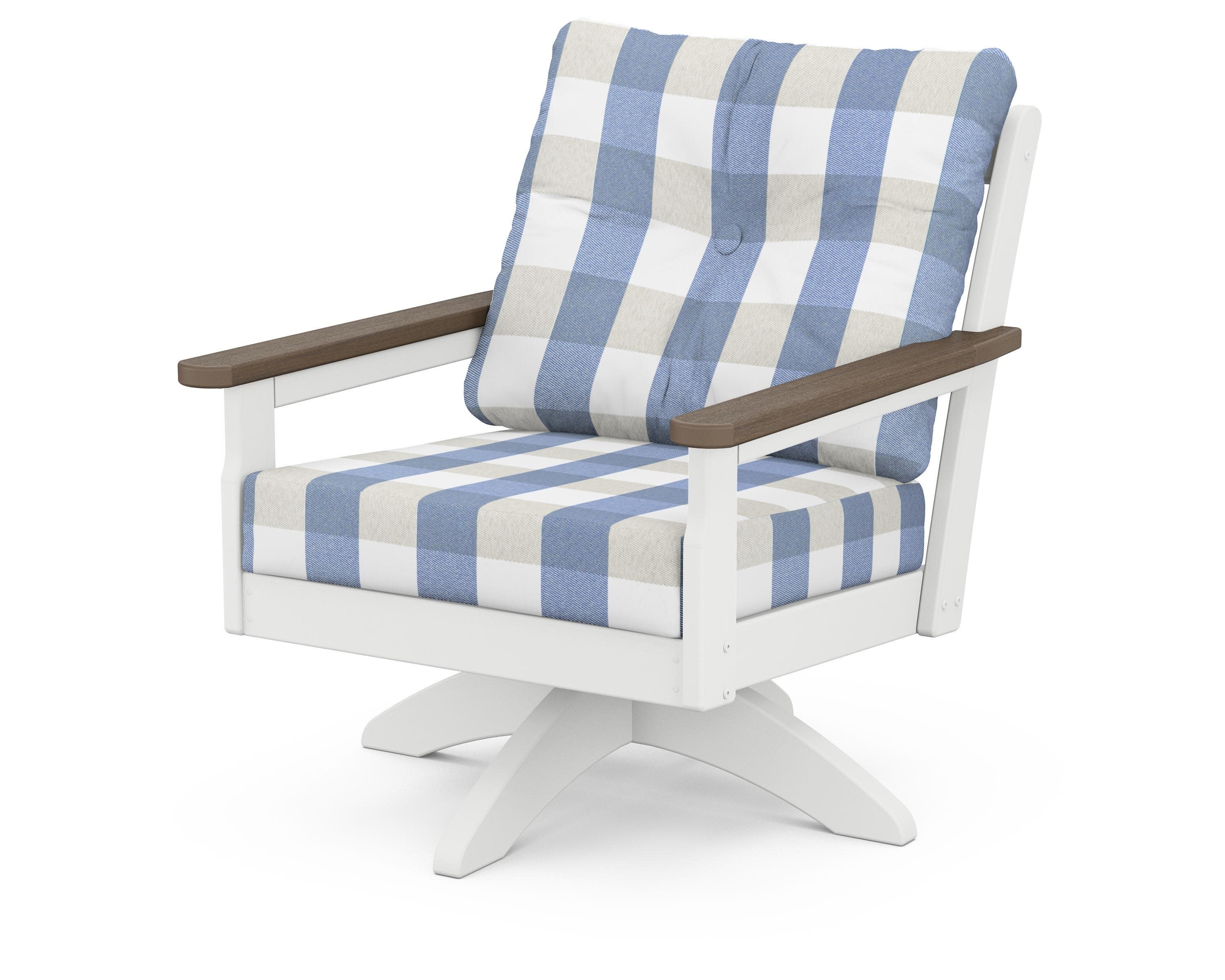 Vineyard Deep Seating Swivel Chair in White / Kona / Buffalo Plaid Sky Blue
