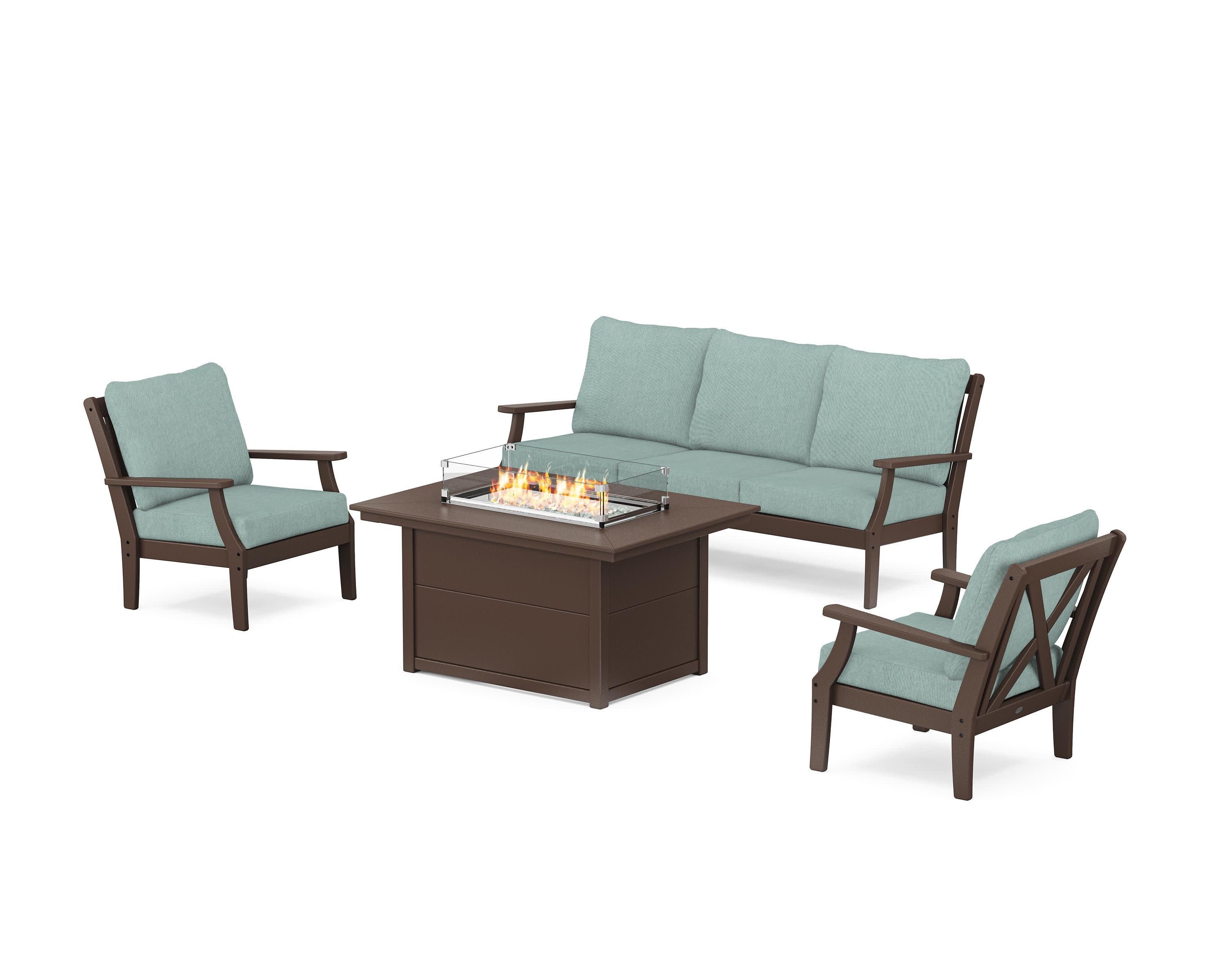 Braxton Deep Seating Fire Pit Table Set in Mahogany / Glacier Spa