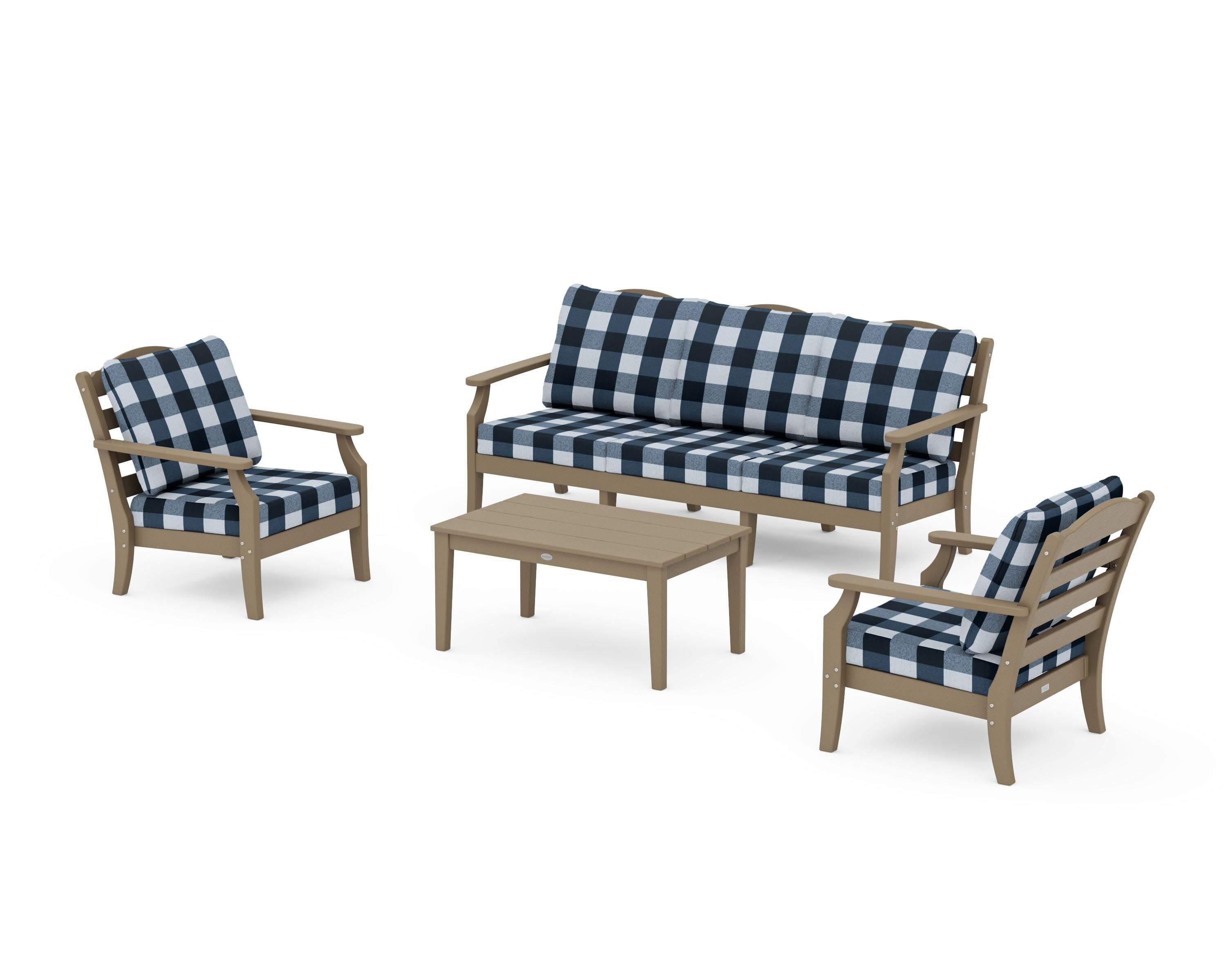 Savannah 4-Piece Deep Seating Set with Sofa in Vintage Sahara / Buffalo Plaid Marine Indigo