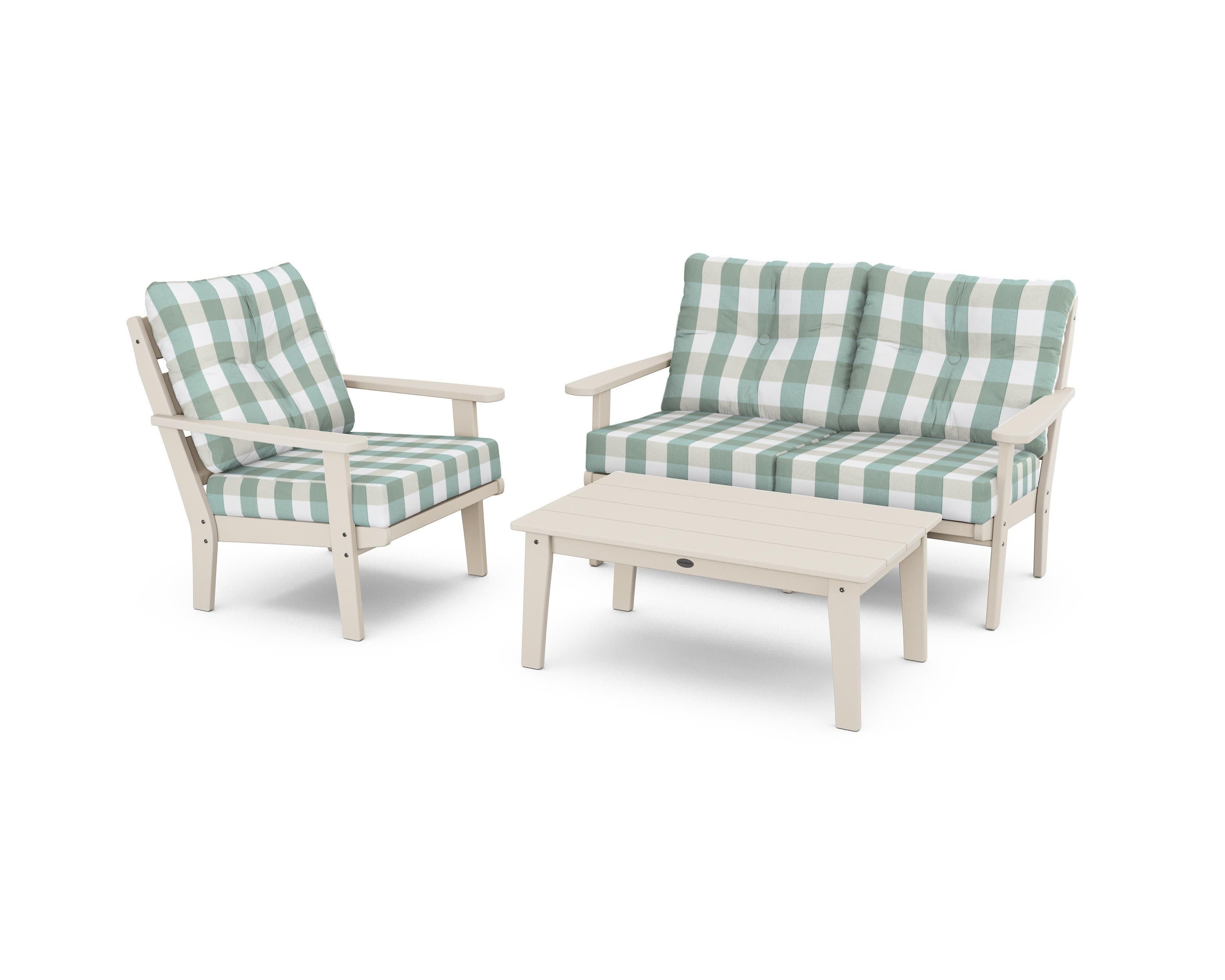 Lakeside 3-Piece Deep Seating Set in Sand / Buffalo Plaid Glacier Spa