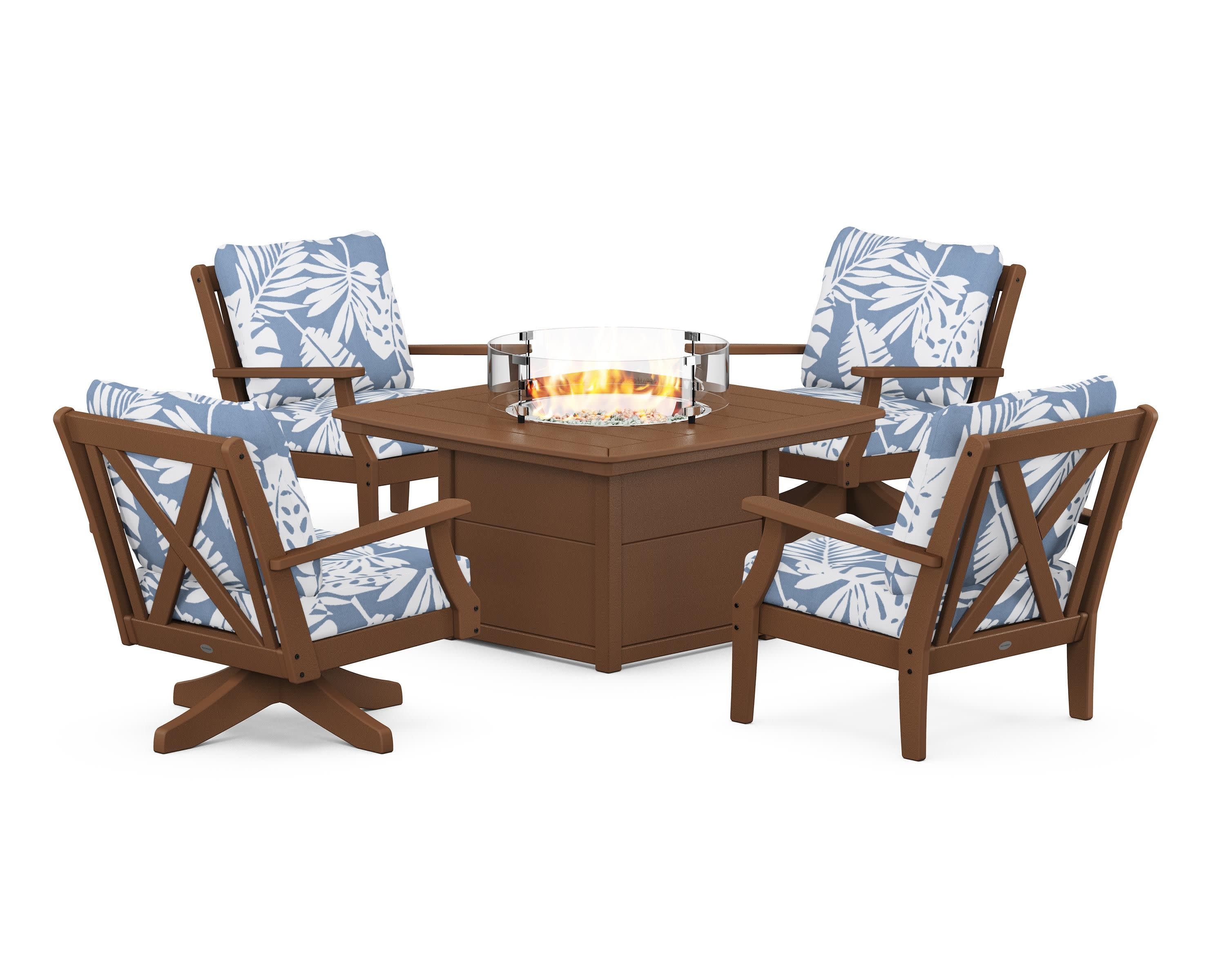 Braxton 5-Piece Deep Seating Set with Fire Table in Teak / Leaf Sky Blue