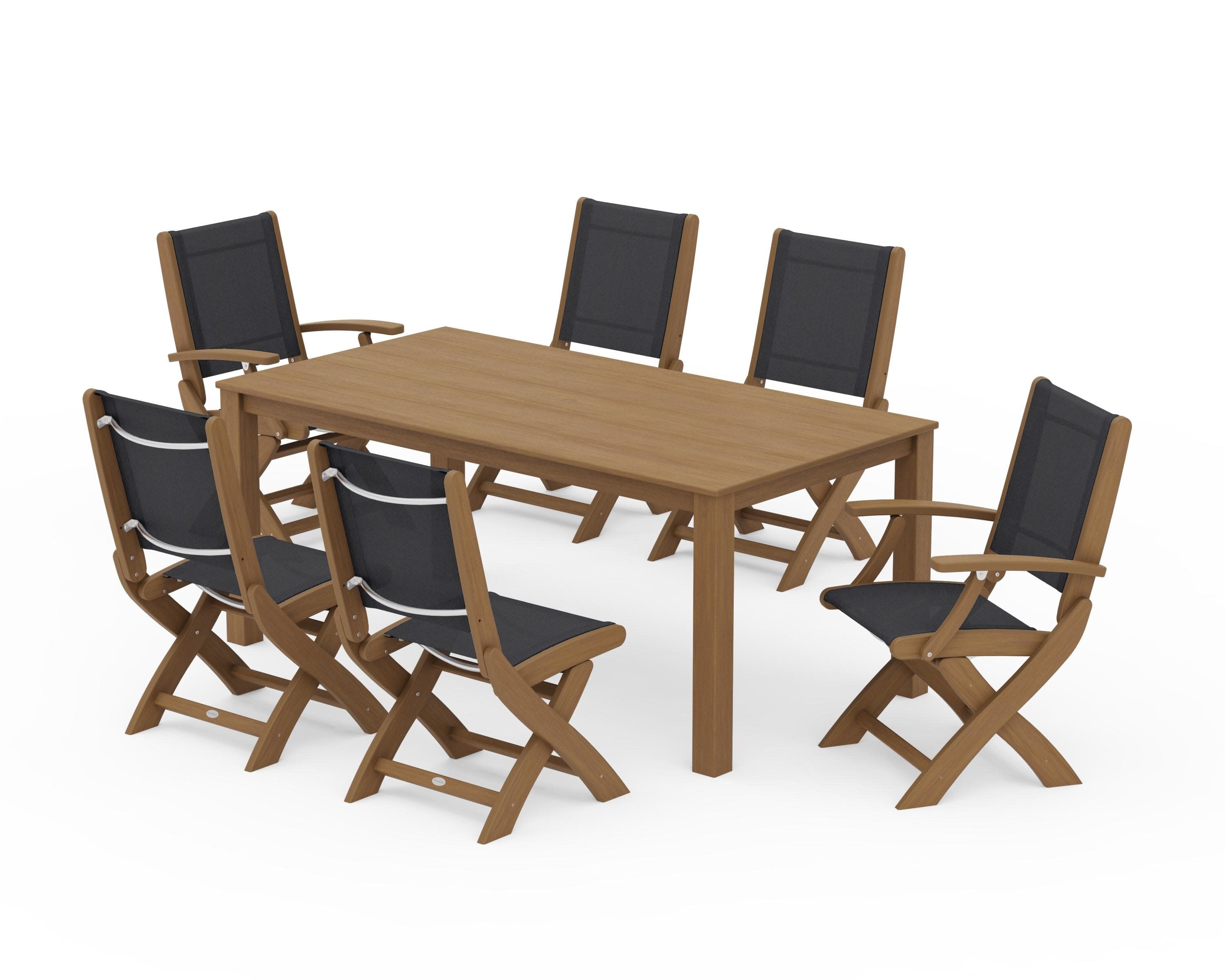 Coastal Folding Chair 7-Piece Parsons Dining Set in Natural / Black Sling