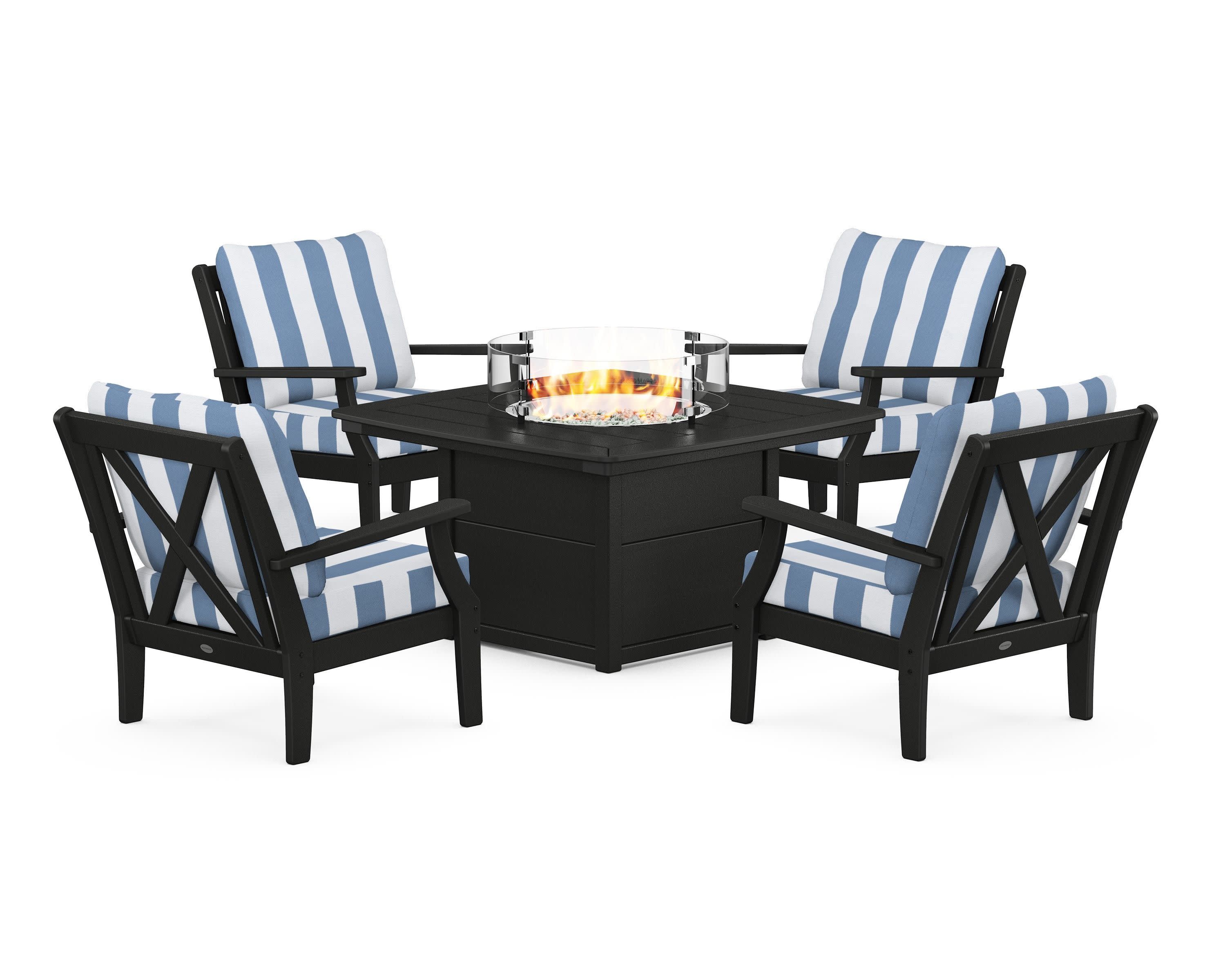 Braxton 5-Piece Deep Seating Conversation Set with Fire Pit Table in Black / Cabana Stripe Sky Blue