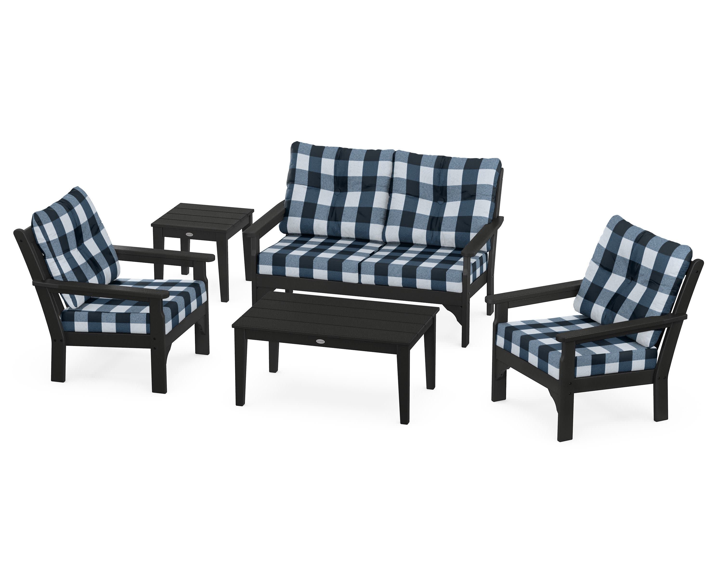 Vineyard 5-Piece Deep Seating Set in Black / Buffalo Plaid Marine Indigo